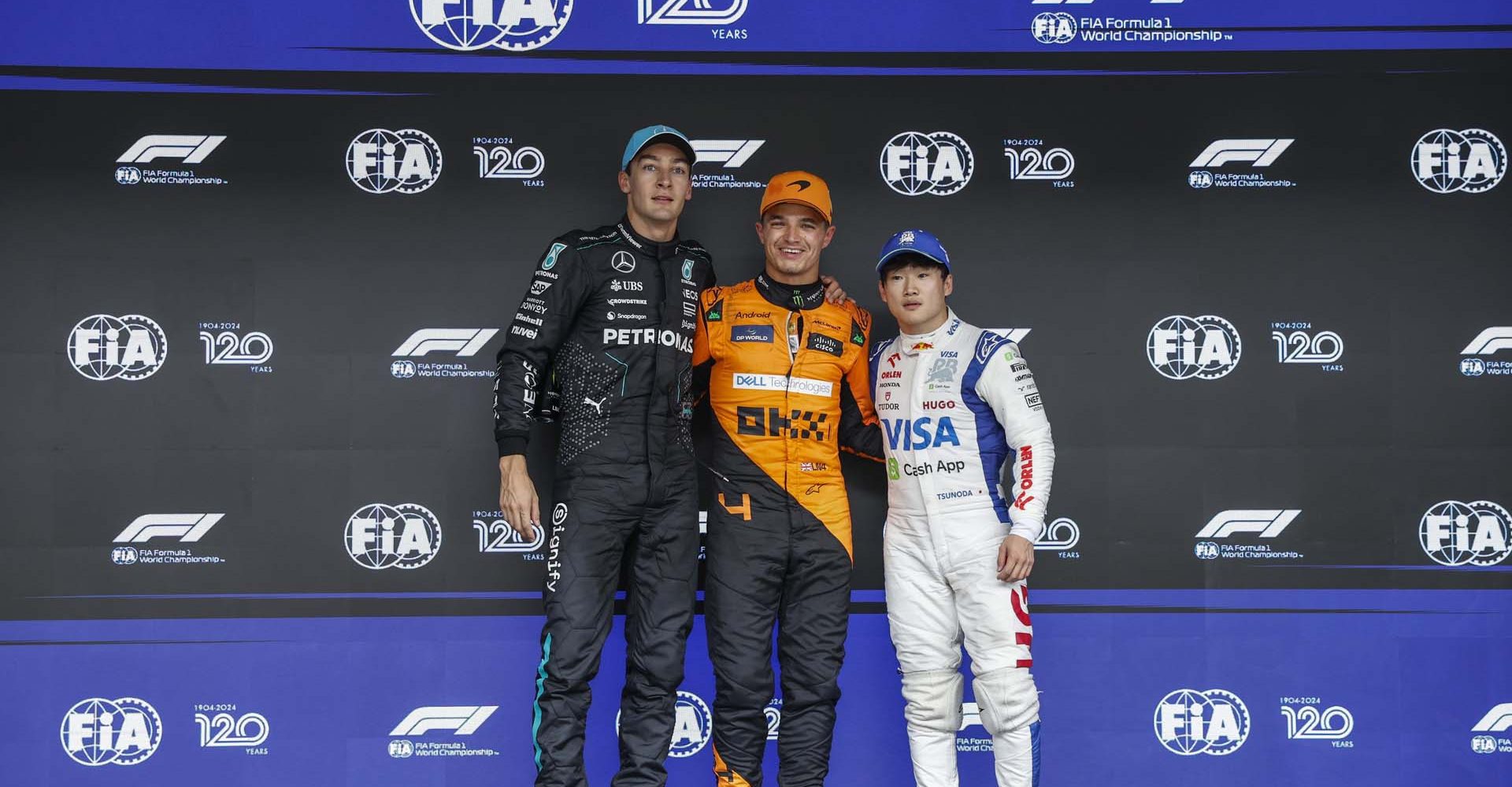 Top three qualifiers George Russell, Mercedes-AMG F1 Team, pole man Lando Norris, McLaren F1 Team, and Yuki Tsunoda, Visa Cash App RB F1 Team during the Brazilian GP at Autódromo José Carlos Pace