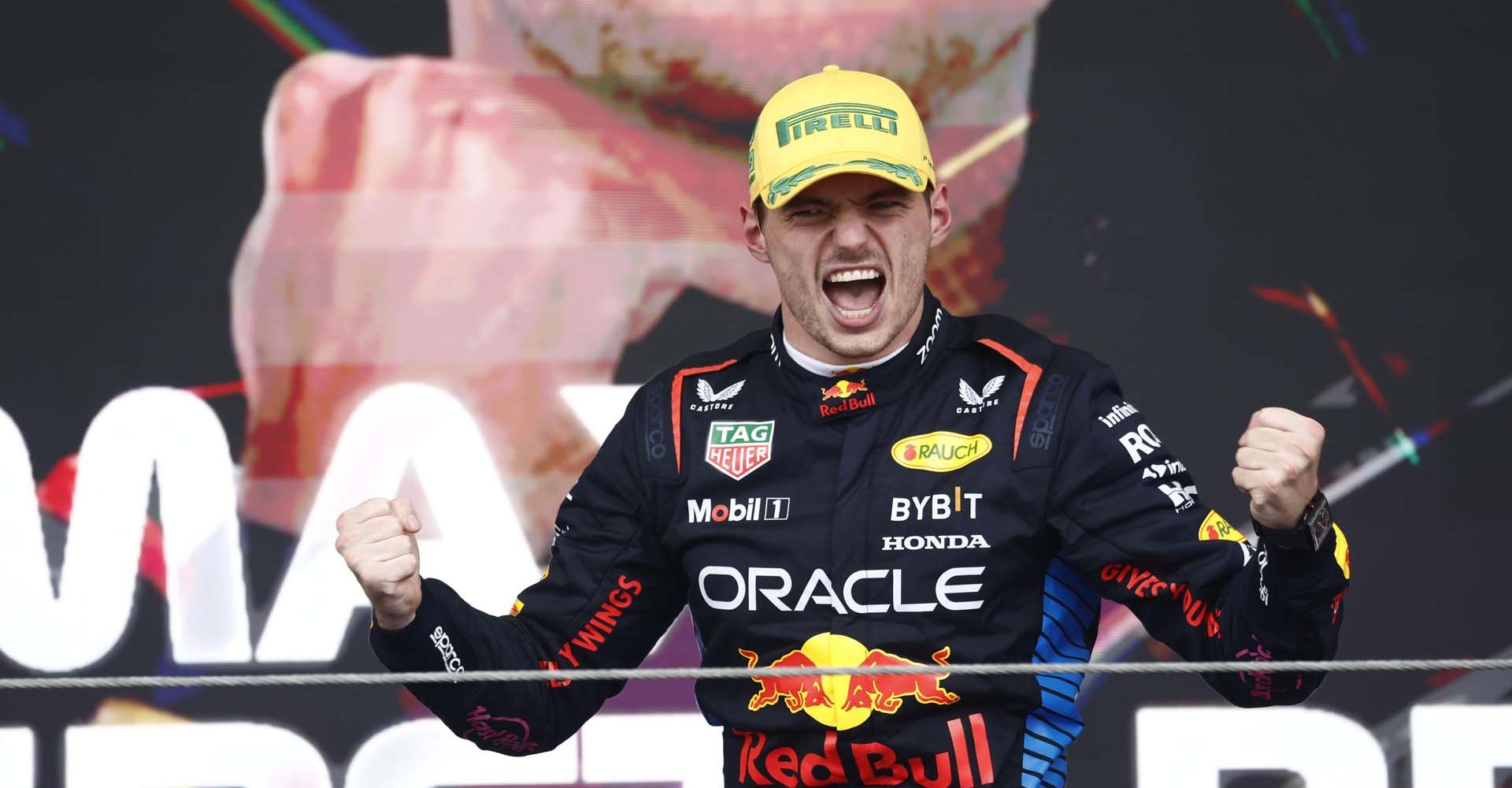 Max Verstappen, Red Bull Racing, 1st position, celebrates on the podium during the Brazilian GP at Autódromo José Carlos Pace