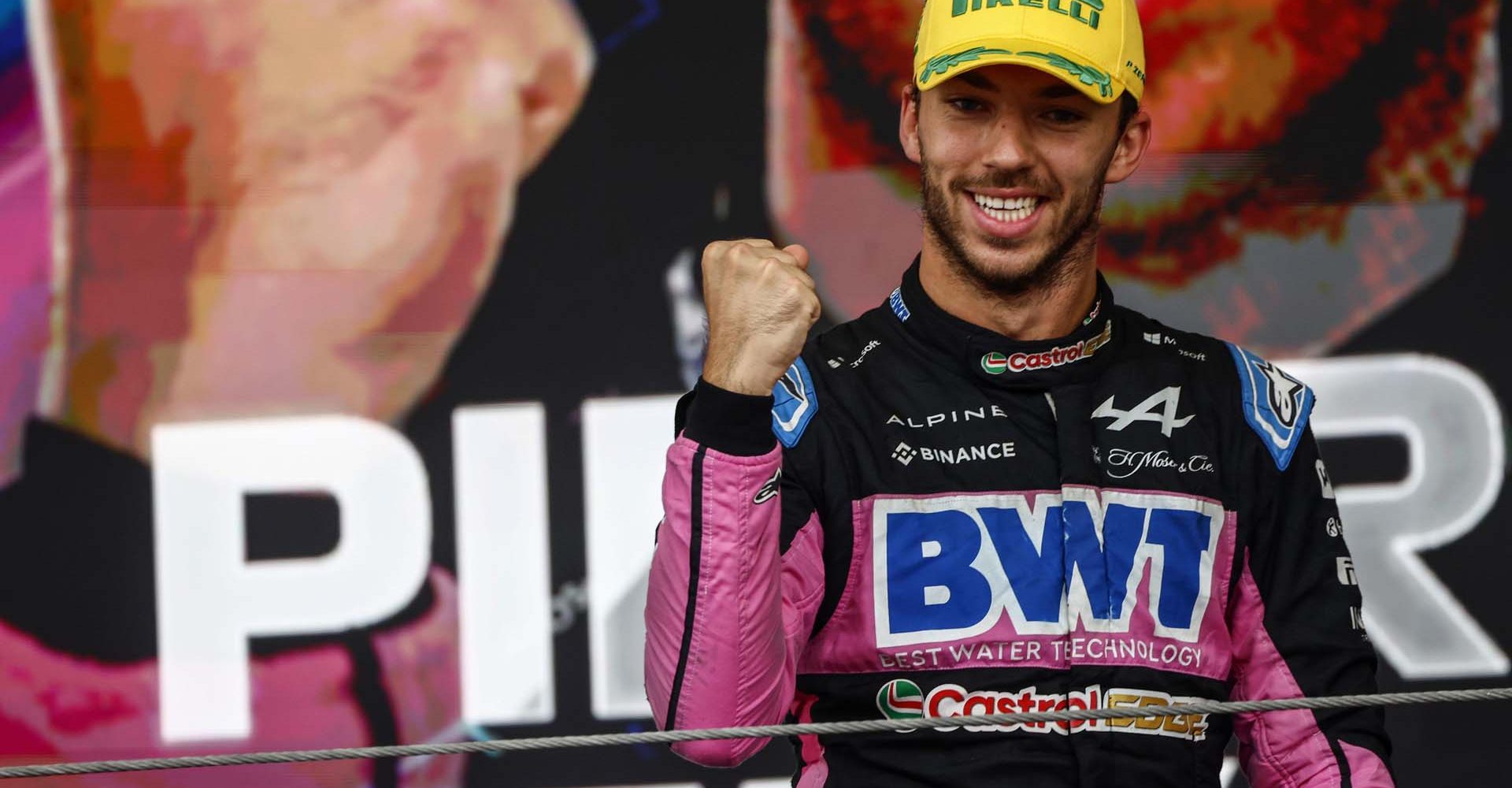 Pierre Gasly, Alpine F1 Team, 3rd position, celebrates on the podium during the Brazilian GP at Autódromo José Carlos Pace