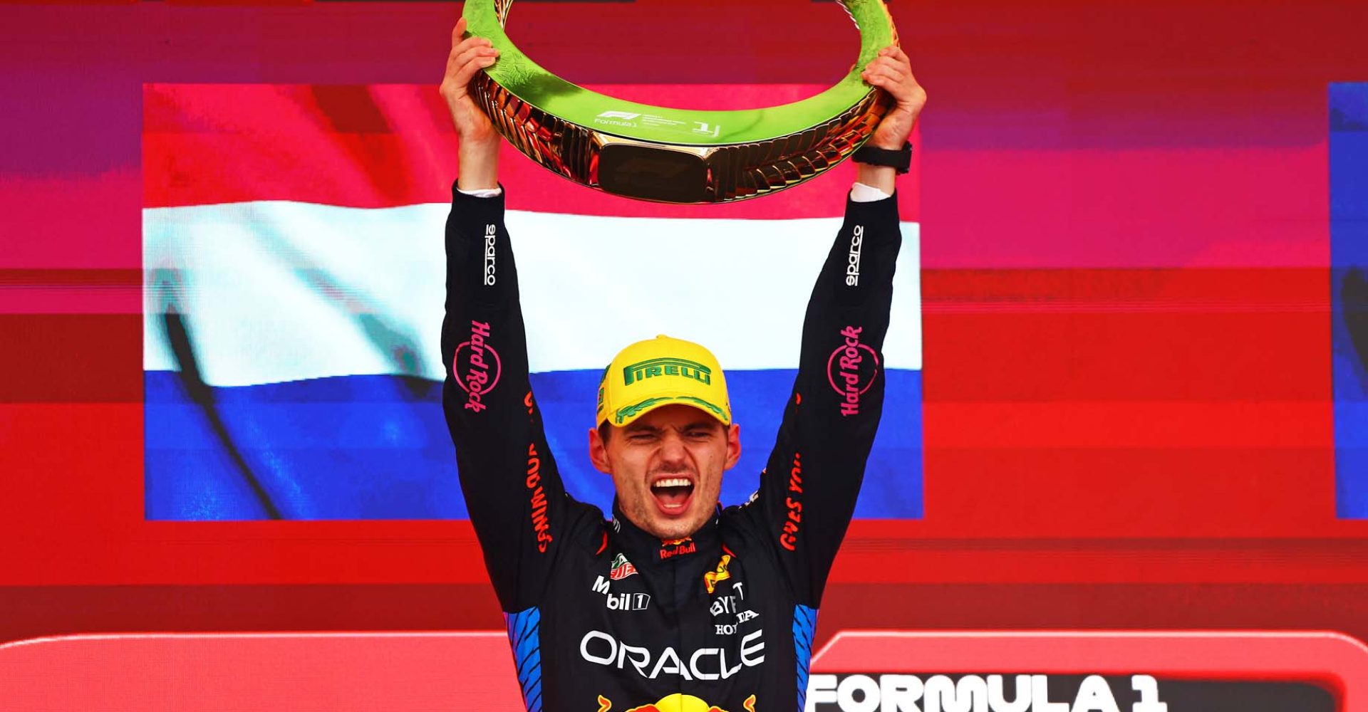 SAO PAULO, BRAZIL - NOVEMBER 03: Race winner Max Verstappen of the Netherlands and Oracle Red Bull Racing celebrates on the podium after the F1 Grand Prix of Brazil at Autodromo Jose Carlos Pace on November 03, 2024 in Sao Paulo, Brazil. (Photo by Mark Thompson/Getty Images) // Getty Images / Red Bull Content Pool // SI202411030513 // Usage for editorial use only //