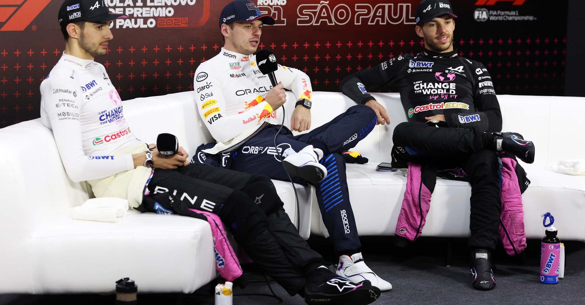 SAO PAULO, BRAZIL - NOVEMBER 03: Race winner Max Verstappen of the Netherlands and Oracle Red Bull Racing, Second placed Esteban Ocon of France and Alpine F1 and Third placed Pierre Gasly of France and Alpine F1 attend the Drivers Press Conference after the F1 Grand Prix of Brazil at Autodromo Jose Carlos Pace on November 03, 2024 in Sao Paulo, Brazil. (Photo by Lars Baron/Getty Images) // Getty Images / Red Bull Content Pool // SI202411030610 // Usage for editorial use only //