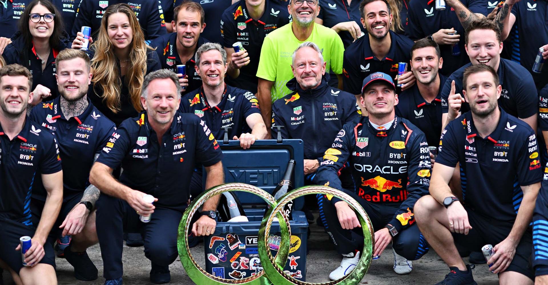 SAO PAULO, BRAZIL - NOVEMBER 03: Race winner Max Verstappen of the Netherlands and Oracle Red Bull Racing celebrates with his team after the F1 Grand Prix of Brazil at Autodromo Jose Carlos Pace on November 03, 2024 in Sao Paulo, Brazil. (Photo by Rudy Carezzevoli/Getty Images) // Getty Images / Red Bull Content Pool // SI202411030625 // Usage for editorial use only //