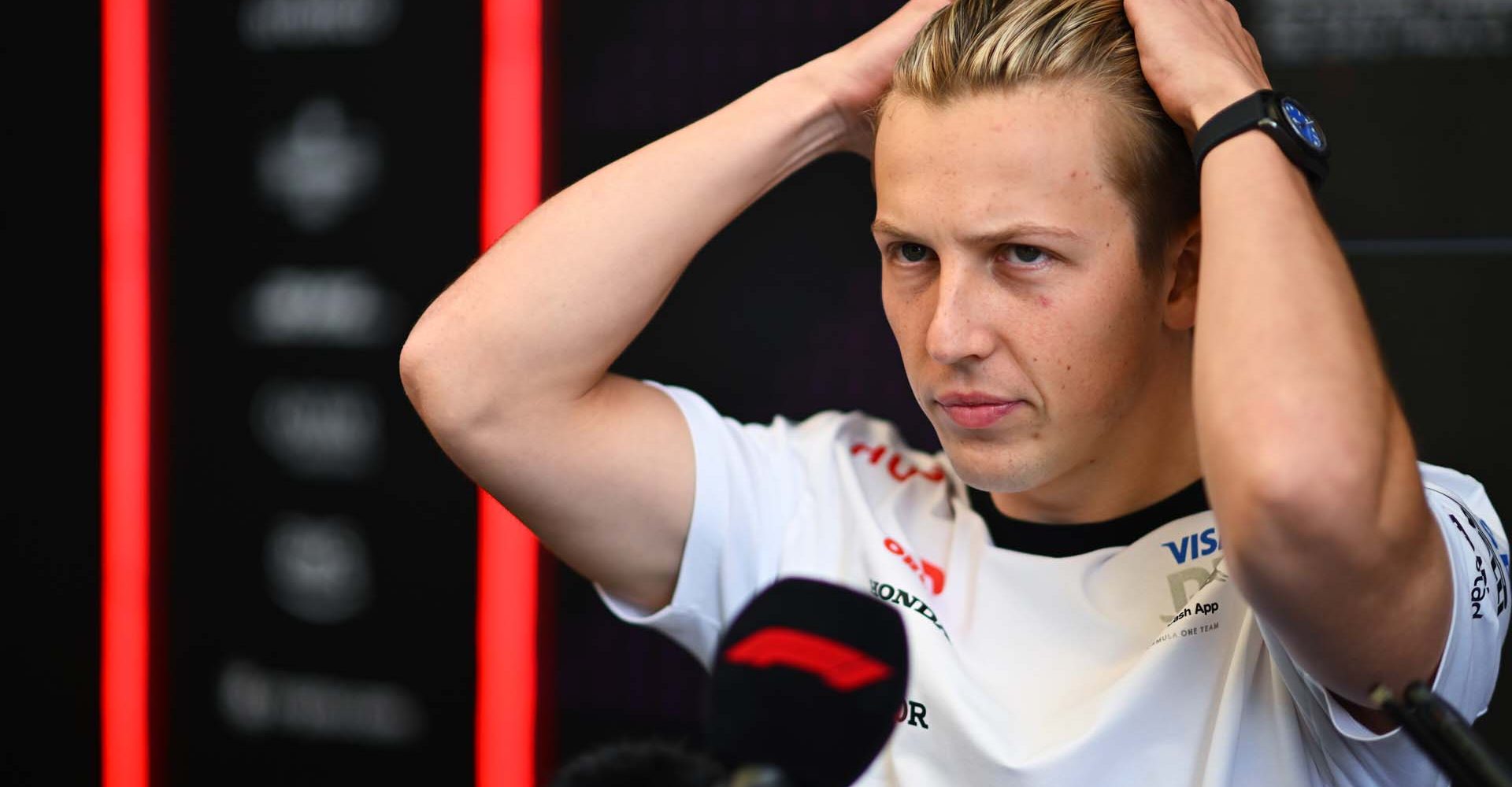 SAO PAULO, BRAZIL - OCTOBER 31: Liam Lawson of New Zealand and Visa Cash App RB talks to the media in the Paddock during previews ahead of the F1 Grand Prix of Brazil at Autodromo Jose Carlos Pace on October 31, 2024 in Sao Paulo, Brazil. (Photo by Rudy Carezzevoli/Getty Images) // Getty Images / Red Bull Content Pool // SI202410310287 // Usage for editorial use only //