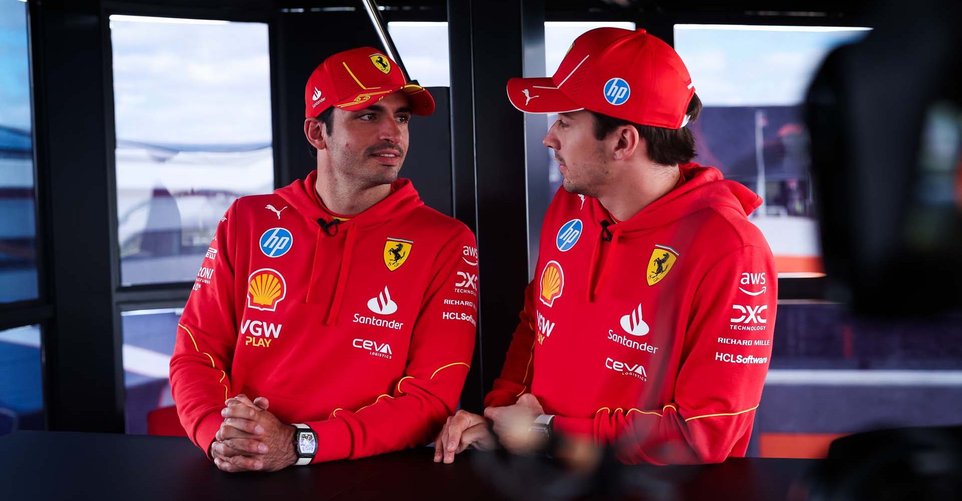 SAINZ Carlos (spa), Scuderia Ferrari SF-24, LECLERC Charles (mco), Scuderia Ferrari SF-24, portrait during the Formula 1 Qatar Airways British Grand Prix 2024, 12th round of the 2024 Formula One World Championship from July 5 to 7, 2024 on the Silverstone Circuit, in Silverstone, United Kingdom - Photo Florent Gooden / DPPI