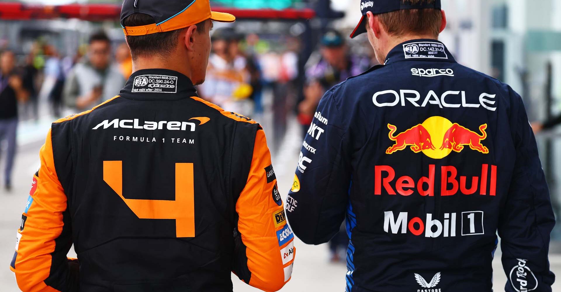 MONTREAL, QUEBEC - JUNE 08: Second placed Max Verstappen of the Netherlands and Oracle Red Bull Racing and Third placed Lando Norris of Great Britain and McLaren in parc ferme during qualifying ahead of the F1 Grand Prix of Canada at Circuit Gilles Villeneuve on June 08, 2024 in Montreal, Quebec. (Photo by Mark Thompson/Getty Images) // Getty Images / Red Bull Content Pool // SI202406080797 // Usage for editorial use only //