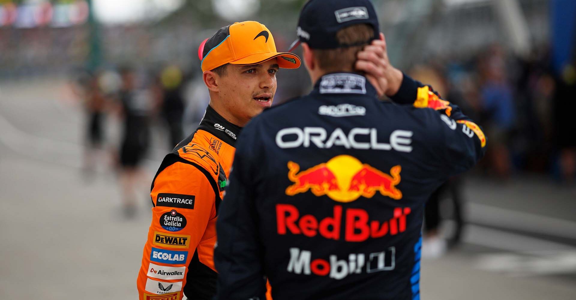 MONTREAL, QUEBEC - JUNE 08: Third placed qualifier Lando Norris of Great Britain and McLaren and Second placed qualifier Max Verstappen of the Netherlands and Oracle Red Bull Racing in parc ferme after qualifying ahead of the F1 Grand Prix of Canada at Circuit Gilles Villeneuve on June 08, 2024 in Montreal, Quebec. (Photo by Chris Graythen/Getty Images) // Getty Images / Red Bull Content Pool // SI202406080826 // Usage for editorial use only //