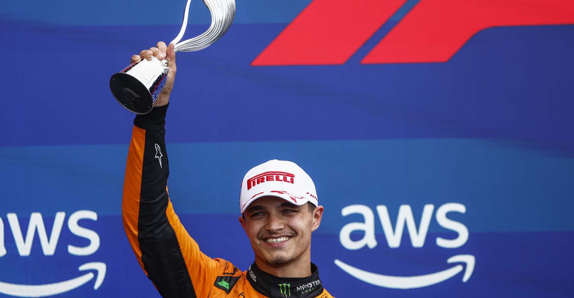 Lando Norris, McLaren F1 Team, 2nd position, lifts his trophy