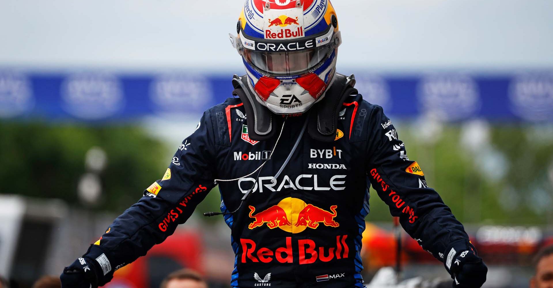 MONTREAL, QUEBEC - JUNE 09: Race winner Max Verstappen of the Netherlands and Oracle Red Bull Racing celebrates in parc fermem during the F1 Grand Prix of Canada at Circuit Gilles Villeneuve on June 09, 2024 in Montreal, Quebec. (Photo by Chris Graythen/Getty Images) // Getty Images / Red Bull Content Pool // SI202406090988 // Usage for editorial use only //