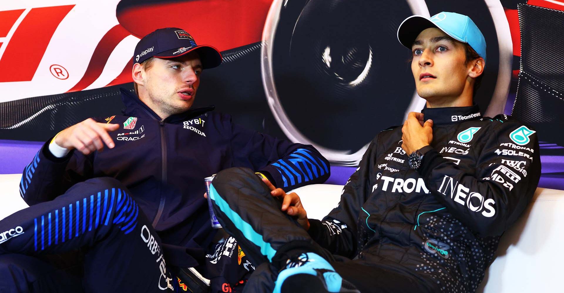 MONTREAL, QUEBEC - JUNE 09: Race winner Max Verstappen of the Netherlands and Oracle Red Bull Racing and Third placed George Russell of Great Britain and Mercedes attend the press conference after the F1 Grand Prix of Canada at Circuit Gilles Villeneuve on June 09, 2024 in Montreal, Quebec. (Photo by Clive Rose/Getty Images) // Getty Images / Red Bull Content Pool // SI202406091127 // Usage for editorial use only //