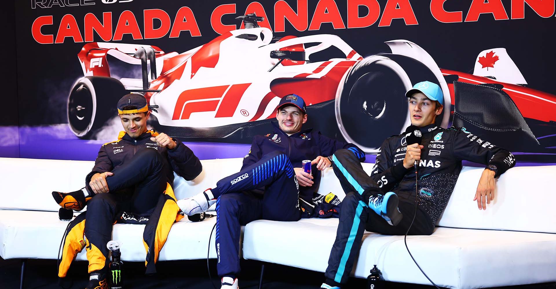 MONTREAL, QUEBEC - JUNE 09: Race winner Max Verstappen of the Netherlands and Oracle Red Bull Racing, Second placed Lando Norris of Great Britain and McLaren and Third placed George Russell of Great Britain and Mercedes attend the press conference after the F1 Grand Prix of Canada at Circuit Gilles Villeneuve on June 09, 2024 in Montreal, Quebec. (Photo by Clive Rose/Getty Images) // Getty Images / Red Bull Content Pool // SI202406091130 // Usage for editorial use only //