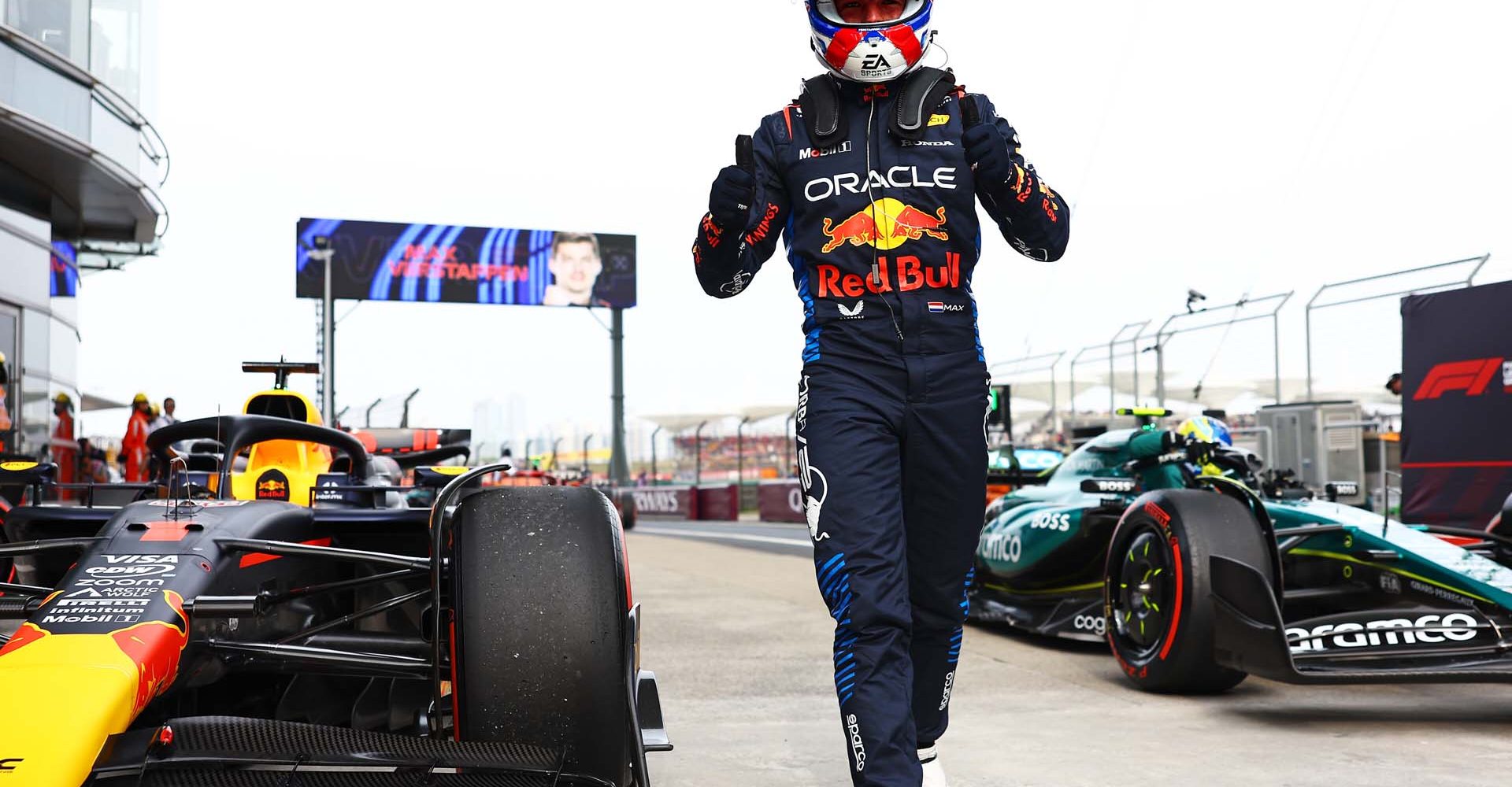 SHANGHAI, CHINA - APRIL 20: Pole position qualifier Max Verstappen of the Netherlands and Oracle Red Bull Racing celebrates in parc ferme after qualifying ahead of the F1 Grand Prix of China at Shanghai International Circuit on April 20, 2024 in Shanghai, China. (Photo by Mark Thompson/Getty Images) // Getty Images / Red Bull Content Pool // SI202404200275 // Usage for editorial use only //