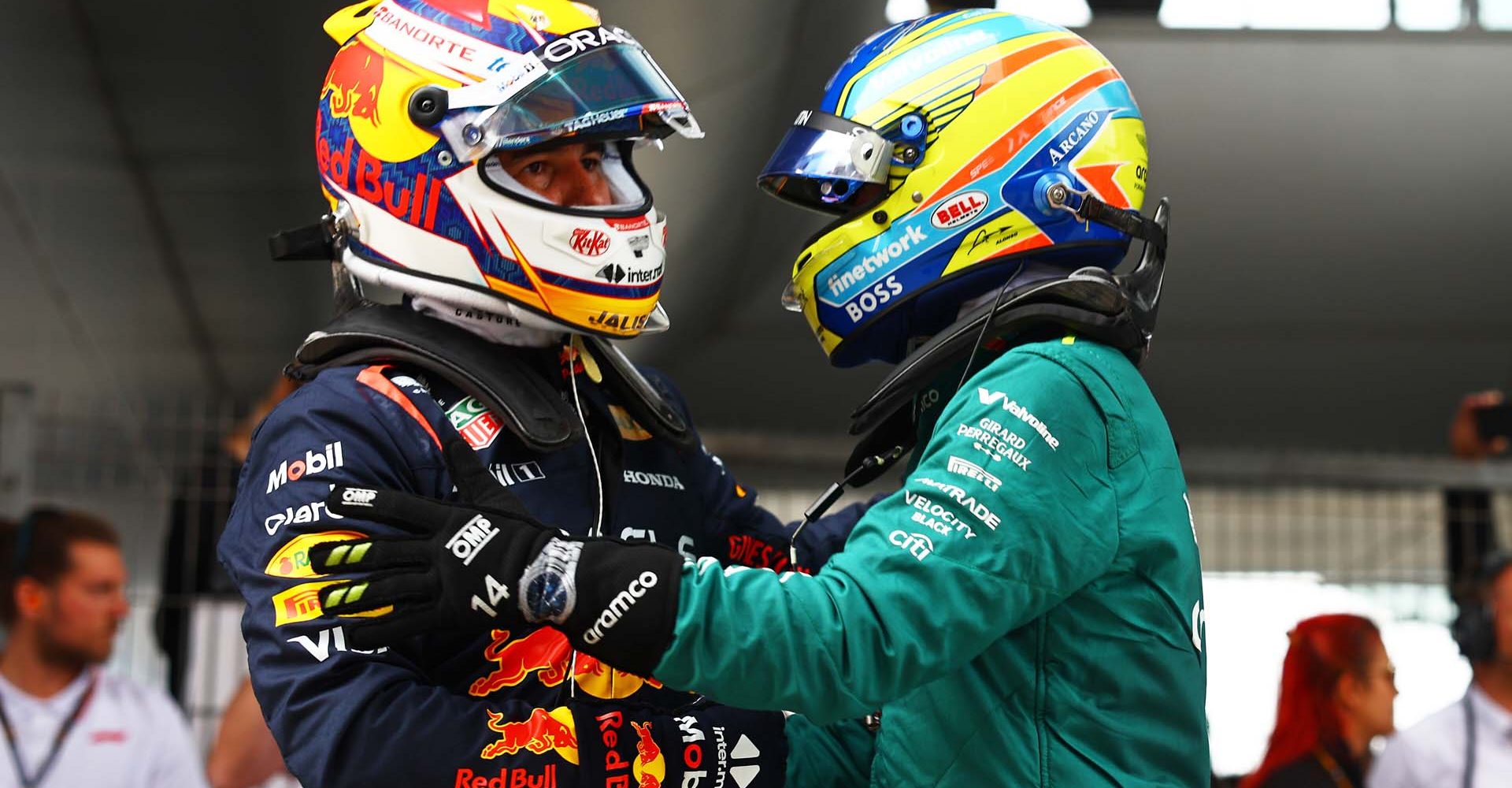 SHANGHAI, CHINA - APRIL 20: Second placed qualifier Sergio Perez of Mexico and Oracle Red Bull Racing and Third placed qualifier Fernando Alonso of Spain and Aston Martin F1 Team celebrate in parc ferme after qualifying ahead of the F1 Grand Prix of China at Shanghai International Circuit on April 20, 2024 in Shanghai, China. (Photo by Mark Thompson/Getty Images) // Getty Images / Red Bull Content Pool // SI202404200280 // Usage for editorial use only //