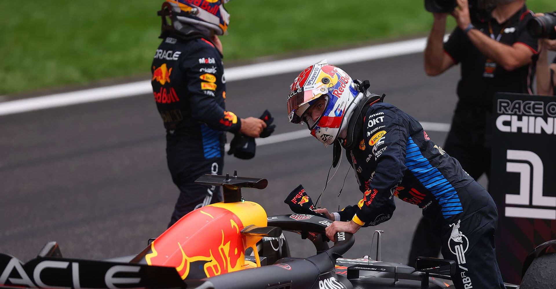 SHANGHAI, CHINA - APRIL 21: Race winner Max Verstappen of the Netherlands and Oracle Red Bull Racing and Third placed Sergio Perez of Mexico and Oracle Red Bull Racing celebrate in parc ferme after the F1 Grand Prix of China at Shanghai International Circuit on April 21, 2024 in Shanghai, China. (Photo by Lars Baron/Getty Images) // Getty Images / Red Bull Content Pool // SI202404210261 // Usage for editorial use only //