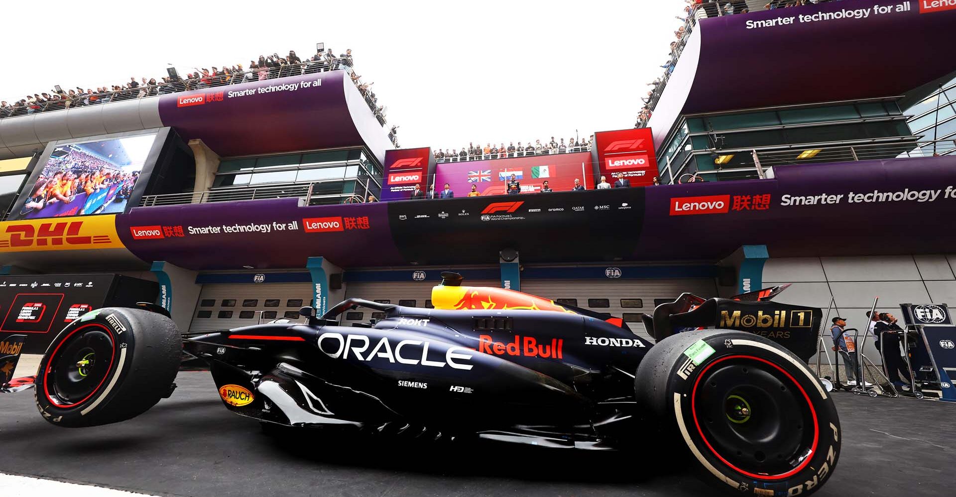 SHANGHAI, CHINA - APRIL 21: A general view of the podium as Race winner Max Verstappen of the Netherlands and Oracle Red Bull Racing, Second placed Lando Norris of Great Britain and McLaren and Third placed Sergio Perez of Mexico and Oracle Red Bull Racing stand for the national anthem during the F1 Grand Prix of China at Shanghai International Circuit on April 21, 2024 in Shanghai, China. (Photo by Mark Thompson/Getty Images) // Getty Images / Red Bull Content Pool // SI202404210303 // Usage for editorial use only //