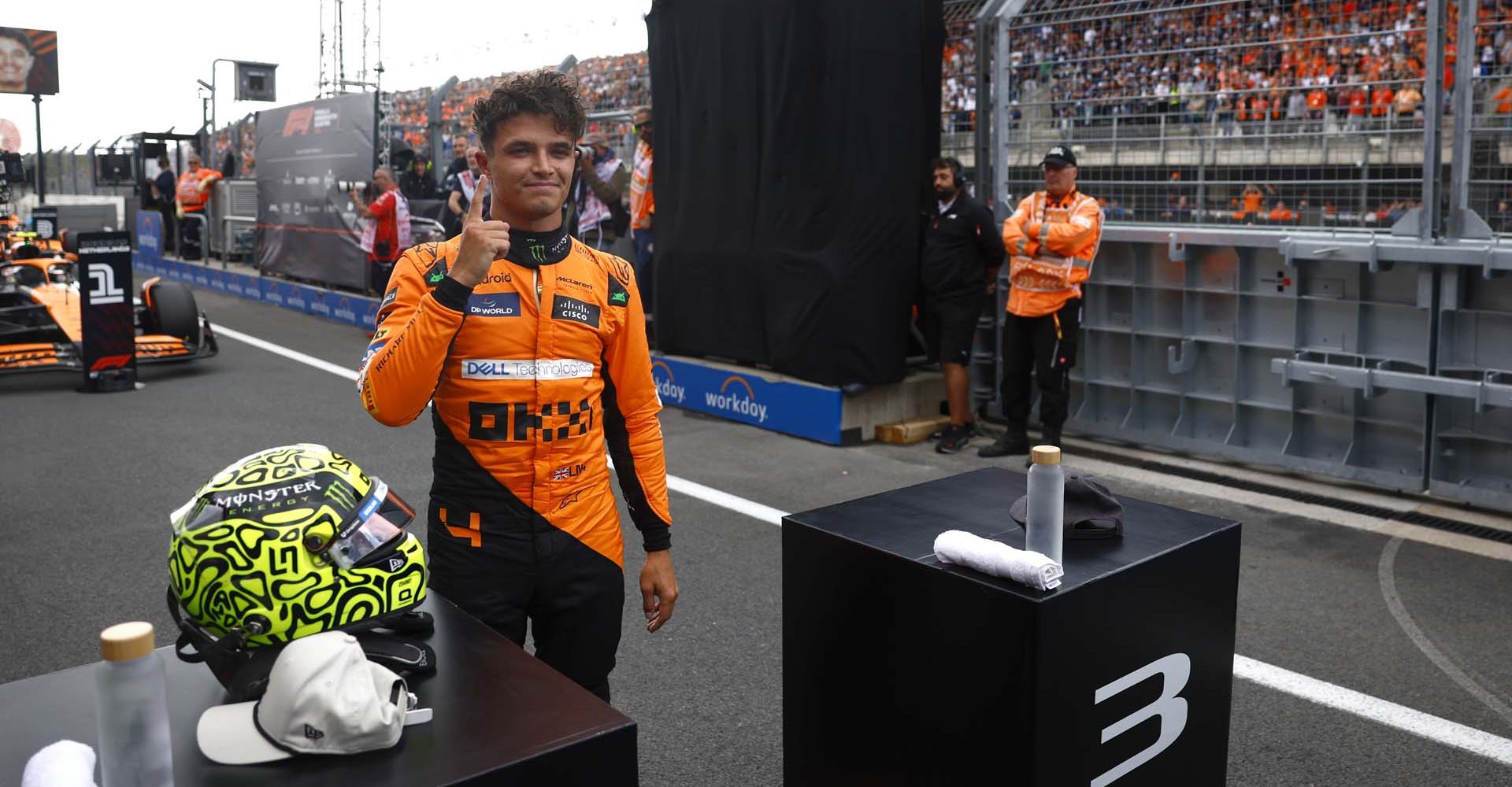 Pole man Lando Norris, McLaren F1 Team, celebrates in Parc Ferme