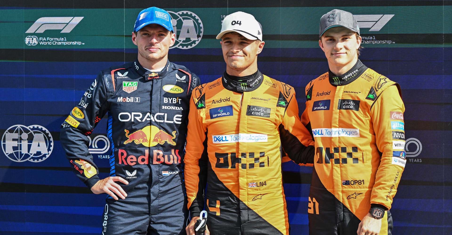 CIRCUIT ZANDVOORT, NETHERLANDS - AUGUST 24: Top three Qualifiers Max Verstappen, Red Bull Racing, pole man Lando Norris, McLaren F1 Team, and Oscar Piastri, McLaren F1 Team during the Dutch GP at Circuit Zandvoort on Saturday August 24, 2024 in North Holland, Netherlands. (Photo by Simon Galloway / LAT Images)