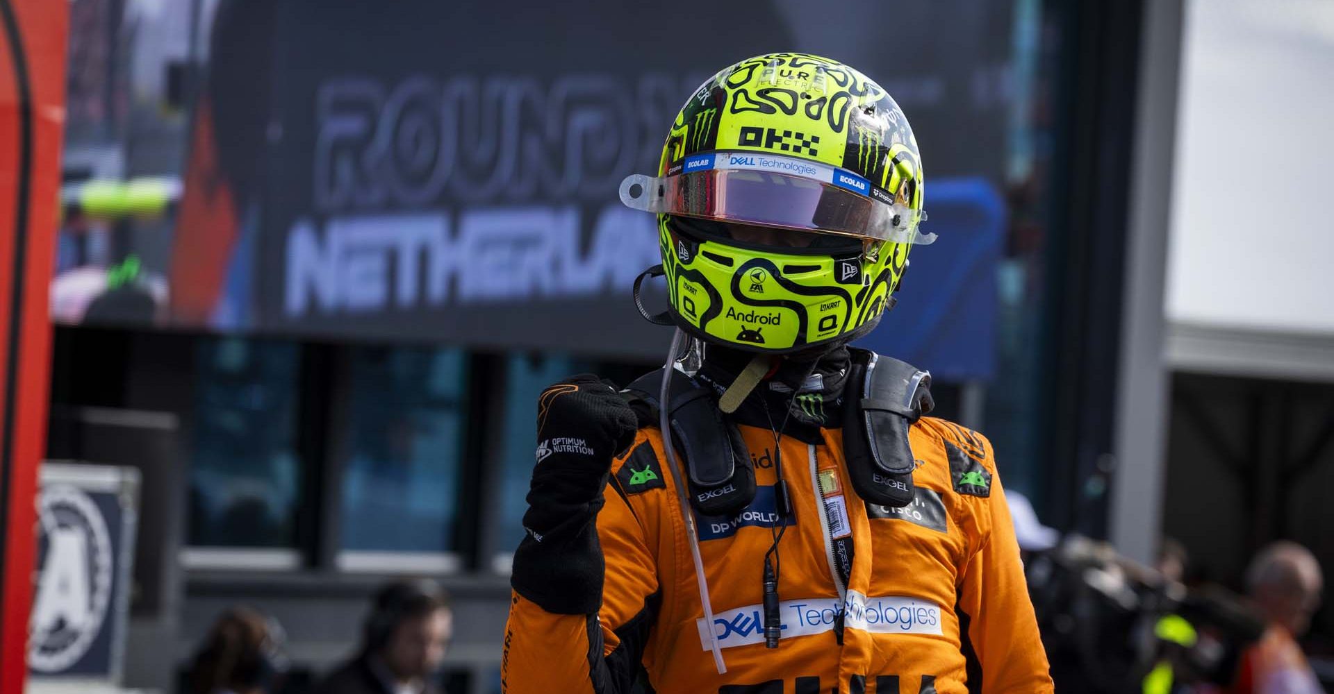 Lando Norris, McLaren F1 Team, 1st position, celebrates in Parc Ferme