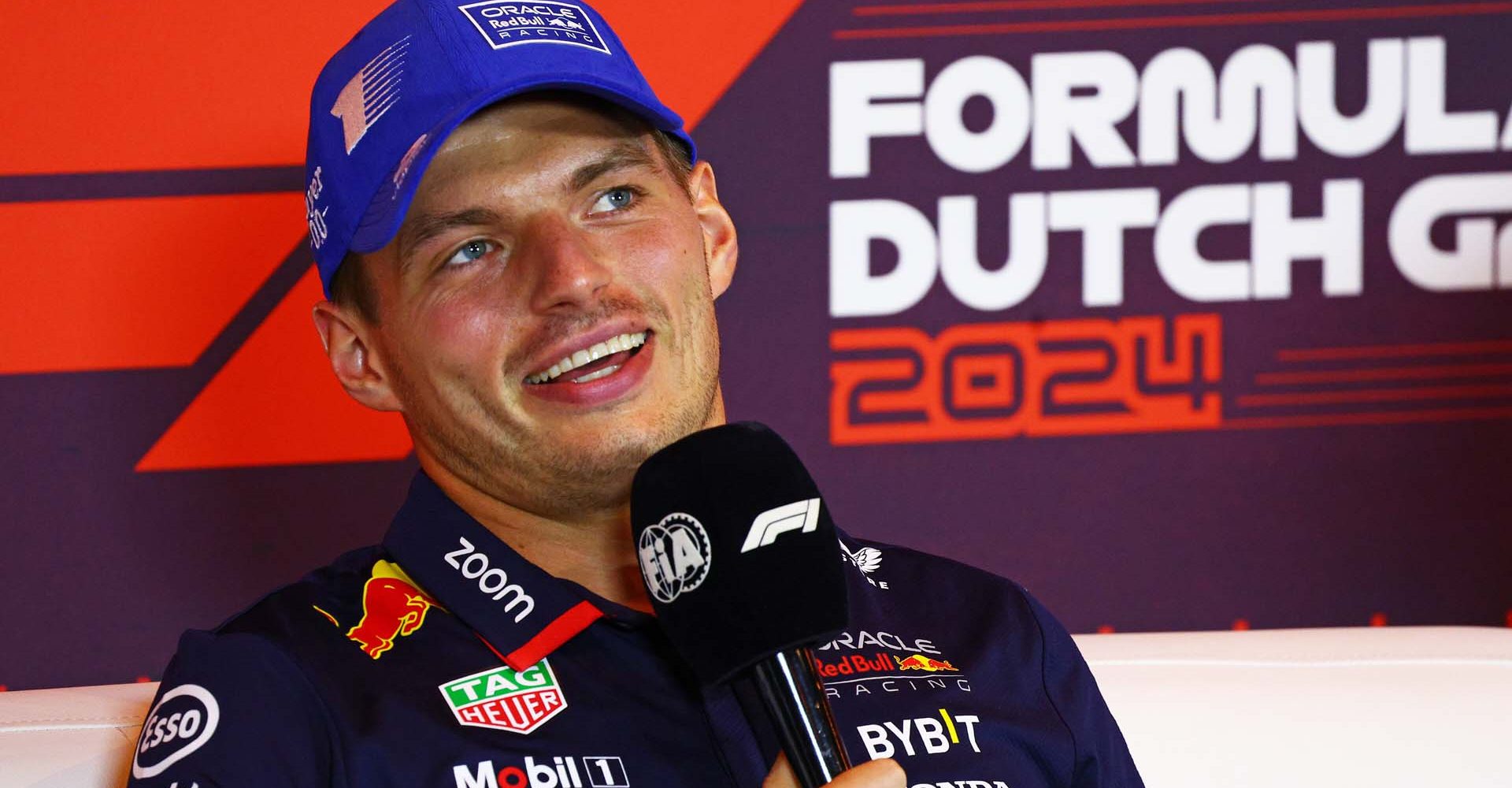 ZANDVOORT, NETHERLANDS - AUGUST 22: Max Verstappen of the Netherlands and Oracle Red Bull Racing attends the Drivers Press Conference during previews ahead of the F1 Grand Prix of Netherlands at Circuit Zandvoort on August 22, 2024 in Zandvoort, Netherlands. (Photo by Clive Rose/Getty Images) // Getty Images / Red Bull Content Pool // SI202408220363 // Usage for editorial use only //