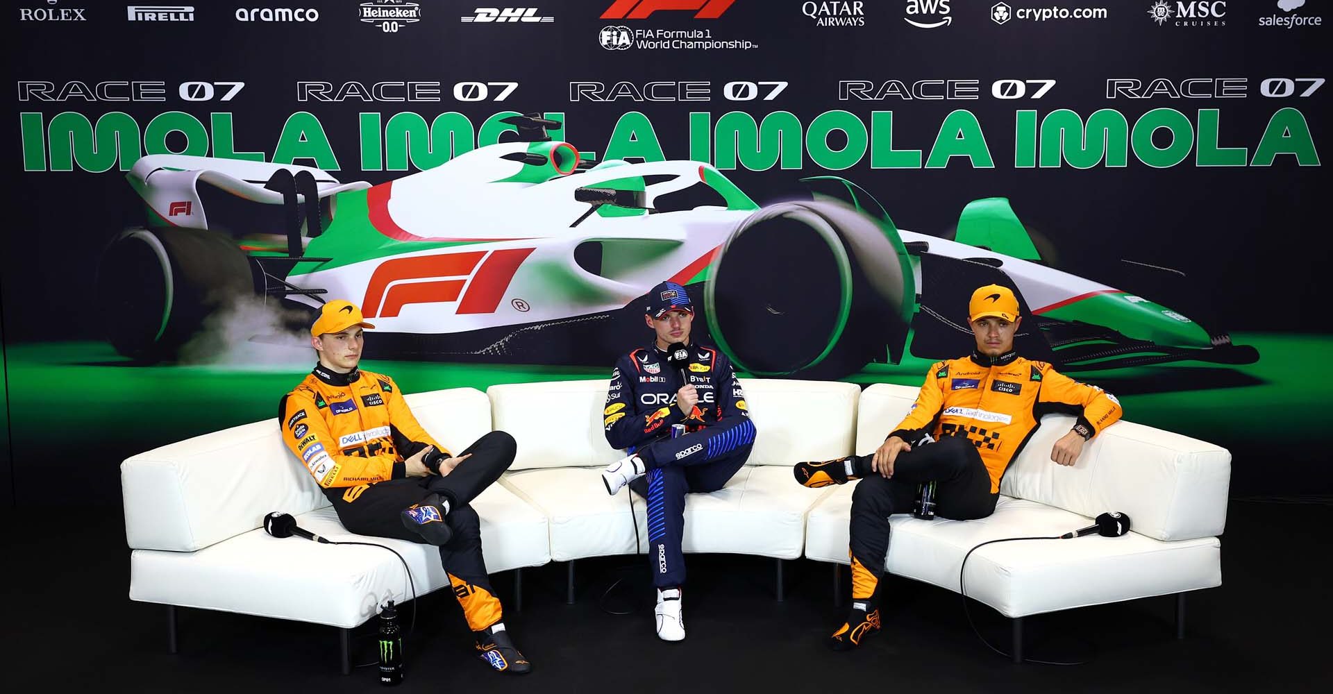 IMOLA, ITALY - MAY 18: Pole position qualifier Max Verstappen of the Netherlands and Oracle Red Bull Racing, Second placed qualifier Oscar Piastri of Australia and McLaren and Third placed qualifier Lando Norris of Great Britain and McLaren attend the press conference after qualifying ahead of the F1 Grand Prix of Emilia-Romagna at Autodromo Enzo e Dino Ferrari Circuit on May 18, 2024 in Imola, Italy. (Photo by Lars Baron/Getty Images) // Getty Images / Red Bull Content Pool // SI202405180404 // Usage for editorial use only //