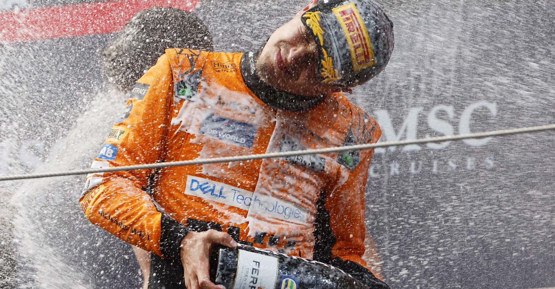 Lando Norris, McLaren F1 Team, 2nd position, sprays Champagne on the podium