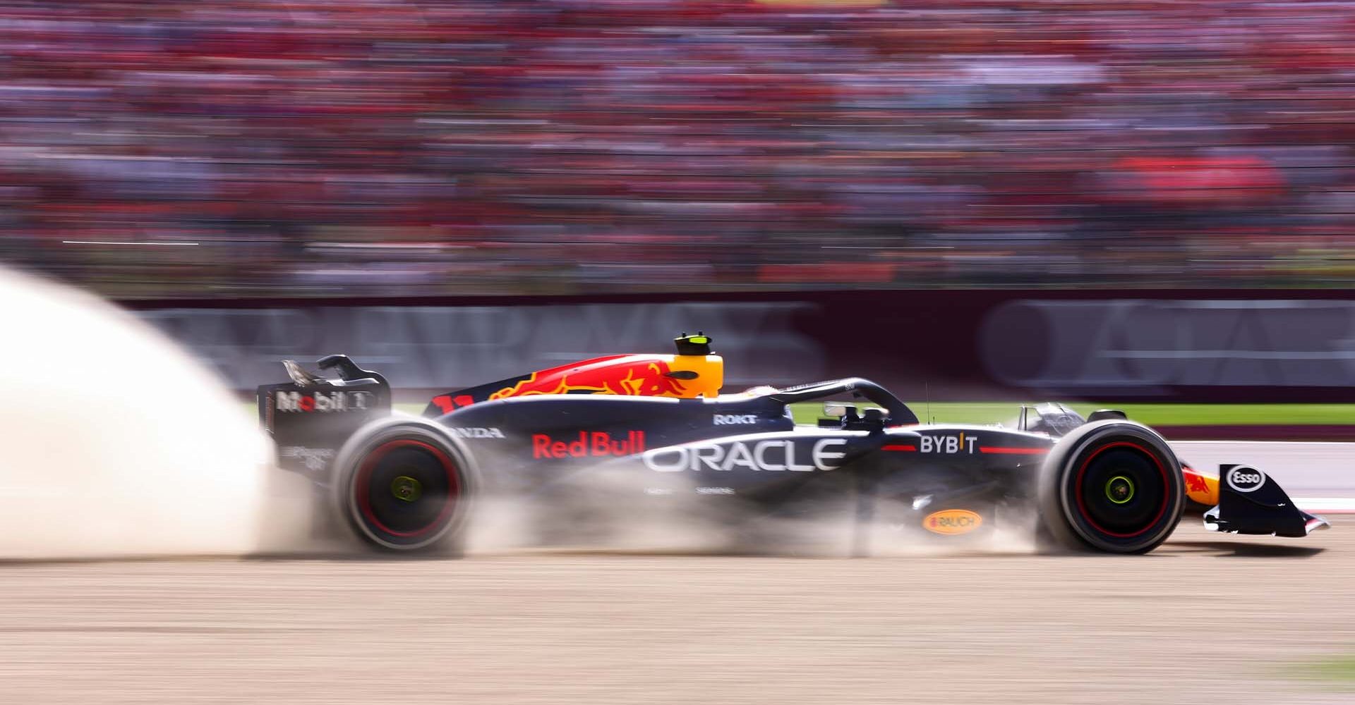 IMOLA, ITALY - MAY 19: Sergio Perez of Mexico driving the (11) Oracle Red Bull Racing RB20 runs into the gravel during the F1 Grand Prix of Emilia-Romagna at Autodromo Enzo e Dino Ferrari Circuit on May 19, 2024 in Imola, Italy. (Photo by Lars Baron/Getty Images) // Getty Images / Red Bull Content Pool // SI202405190379 // Usage for editorial use only //