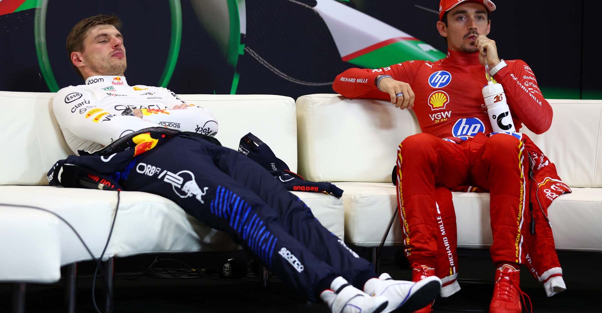 IMOLA, ITALY - MAY 19: Race winner Max Verstappen of the Netherlands and Oracle Red Bull Racing and Third placed Charles Leclerc of Monaco and Ferrari attend the press conference after the F1 Grand Prix of Emilia-Romagna at Autodromo Enzo e Dino Ferrari Circuit on May 19, 2024 in Imola, Italy. (Photo by Bryn Lennon/Getty Images) // Getty Images / Red Bull Content Pool // SI202405190587 // Usage for editorial use only //