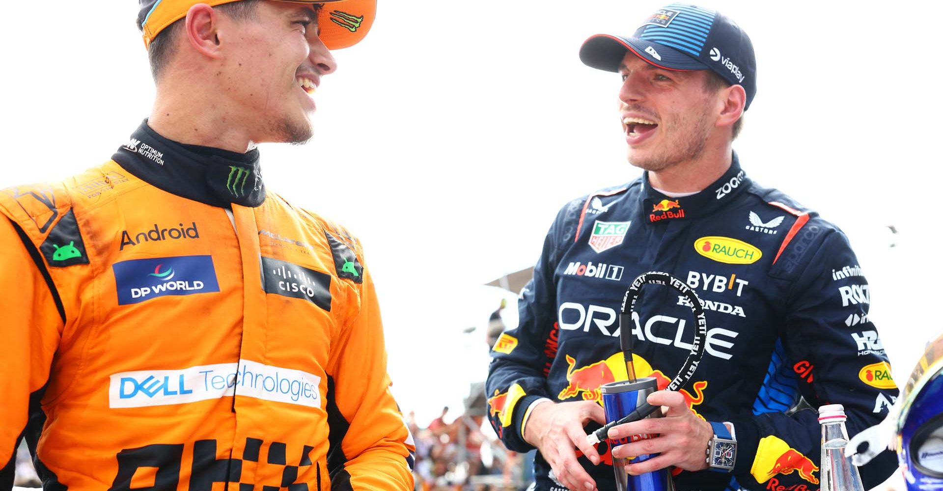 IMOLA, ITALY - MAY 19: Race winner Max Verstappen of the Netherlands and Oracle Red Bull Racing and Second placed Lando Norris of Great Britain and McLaren talk in parc ferme during the F1 Grand Prix of Emilia-Romagna at Autodromo Enzo e Dino Ferrari Circuit on May 19, 2024 in Imola, Italy. (Photo by Mark Thompson/Getty Images) // Getty Images / Red Bull Content Pool // SI202405190593 // Usage for editorial use only //