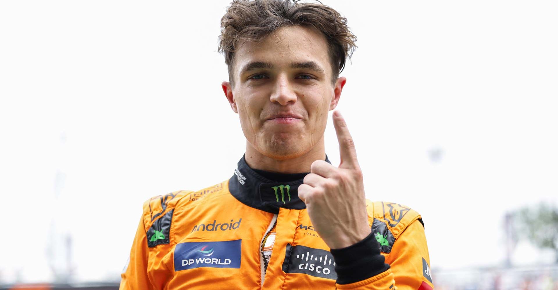 Pole man Lando Norris, McLaren F1 Team, celebrates in Parc Ferme