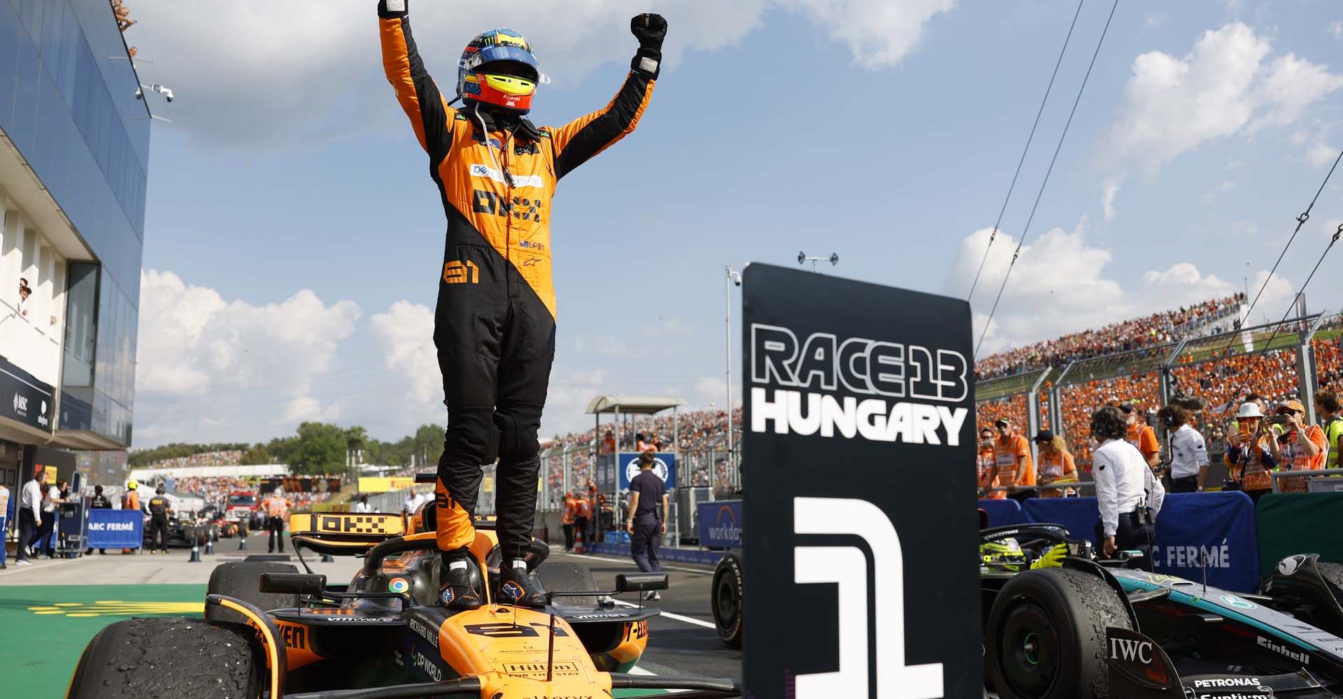 Oscar Piastri, McLaren F1 Team, 1st position, celebrates on arrival in Parc Ferme