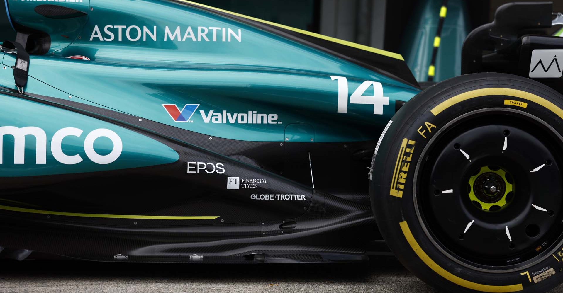 logo, pit lane, Suzuka Circuit, GP2404a, F1, GP, Japan
Valvoline, EPOS, Financial Times and Globe Trotter branding on the Aston Martin AMR24