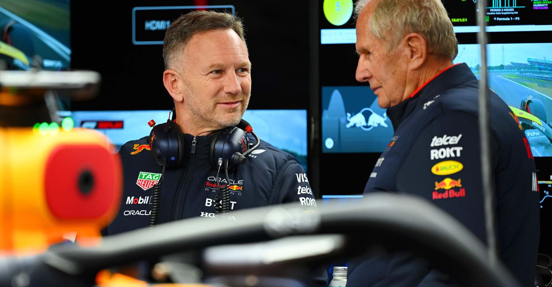 SUZUKA, JAPAN - APRIL 05: Oracle Red Bull Racing Team Principal Christian Horner and Oracle Red Bull Racing Team Consultant Dr Helmut Marko talk in the garage during practice ahead of the F1 Grand Prix of Japan at Suzuka International Racing Course on April 05, 2024 in Suzuka, Japan. (Photo by Clive Mason/Getty Images) // Getty Images / Red Bull Content Pool // SI202404050573 // Usage for editorial use only //