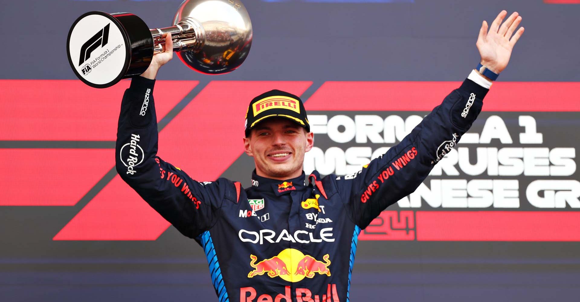 SUZUKA, JAPAN - APRIL 07: Race winner Max Verstappen of the Netherlands and Oracle Red Bull Racing celebrates on the podium during the F1 Grand Prix of Japan at Suzuka International Racing Course on April 07, 2024 in Suzuka, Japan. (Photo by Peter Fox/Getty Images) // Getty Images / Red Bull Content Pool // SI202404070317 // Usage for editorial use only //