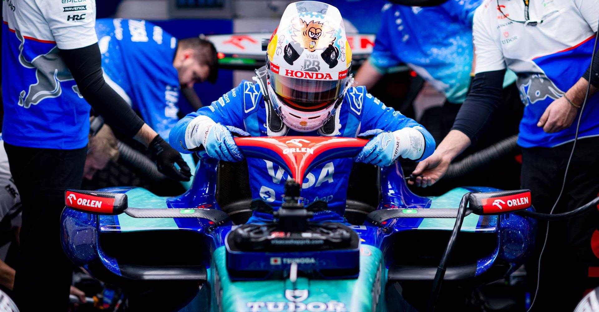 LAS VEGAS, NEVADA - NOVEMBER 21: Yuki Tsunoda of Japan and Visa Cash App RB prepares to drive in the garage during practice ahead of the F1 Grand Prix of Las Vegas at Las Vegas Strip Circuit on November 21, 2024 in Las Vegas, Nevada. (Photo by Rudy Carezzevoli/Getty Images) // Getty Images / Red Bull Content Pool // SI202411220139 // Usage for editorial use only //