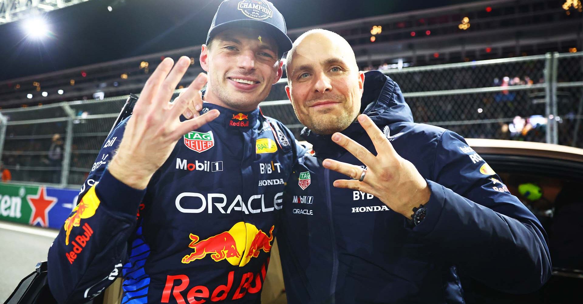 LAS VEGAS, NEVADA - NOVEMBER 23: 2024 F1 World Drivers Champion Max Verstappen of the Netherlands and Oracle Red Bull Racing celebrates with race engineer Gianpiero Lambiase in parc ferme during the F1 Grand Prix of Las Vegas at Las Vegas Strip Circuit on November 23, 2024 in Las Vegas, Nevada. (Photo by Mark Thompson/Getty Images) // Getty Images / Red Bull Content Pool // SI202411240350 // Usage for editorial use only //