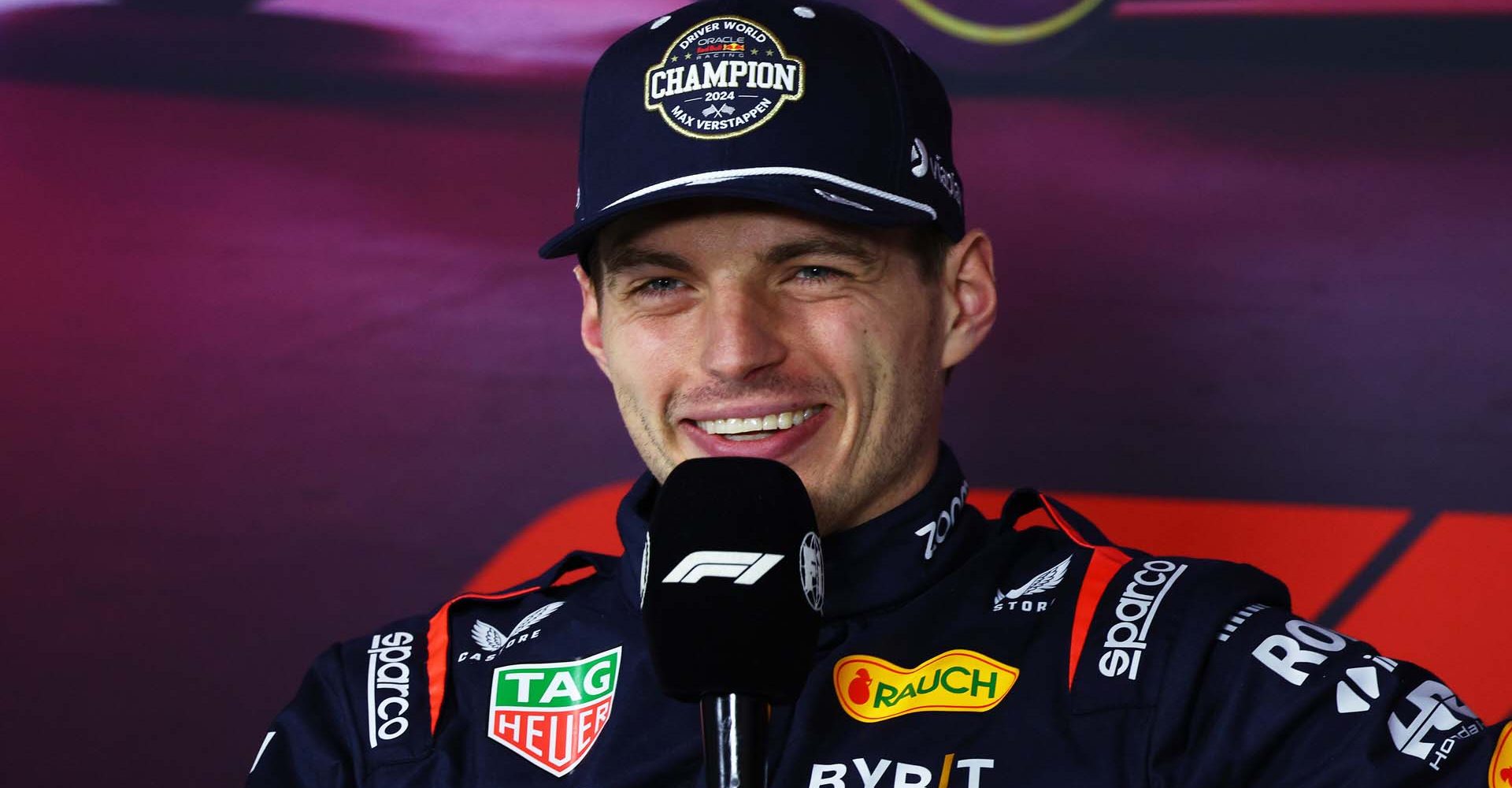 LAS VEGAS, NEVADA - NOVEMBER 23: 2024 F1 World Drivers Champion Max Verstappen of the Netherlands and Oracle Red Bull Racing attends a press conference after the F1 Grand Prix of Las Vegas at Las Vegas Strip Circuit on November 23, 2024 in Las Vegas, Nevada. (Photo by Clive Rose/Getty Images) // Getty Images / Red Bull Content Pool // SI202411240375 // Usage for editorial use only //