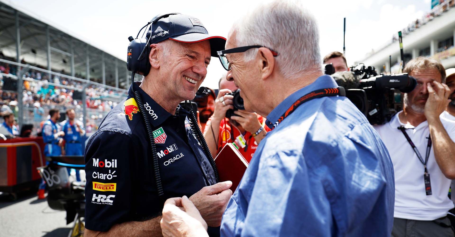 MIAMI, FLORIDA - MAY 04: Adrian Newey, the Chief Technical Officer of Oracle Red Bull Racing talks with Piero Ferrari on the grid prior to the Sprint ahead of the F1 Grand Prix of Miami at Miami International Autodrome on May 04, 2024 in Miami, Florida. (Photo by Chris Graythen/Getty Images) // Getty Images / Red Bull Content Pool // SI202405040378 // Usage for editorial use only //