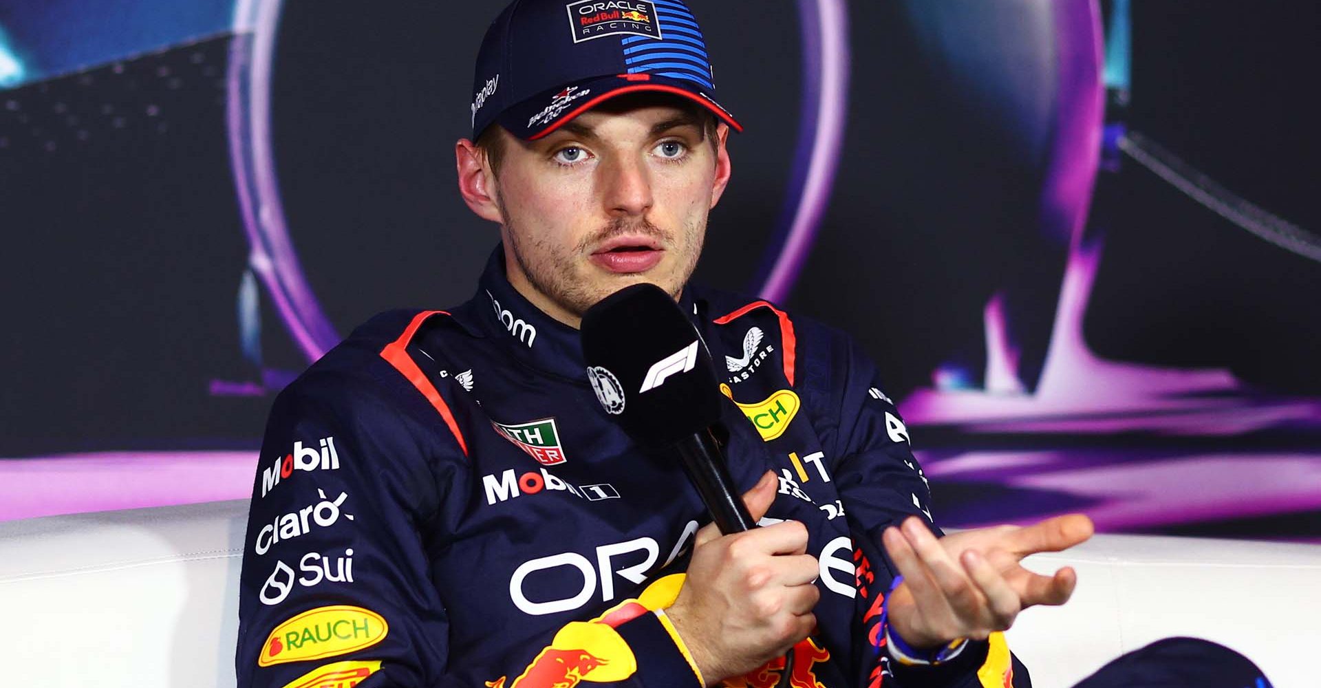 MIAMI, FLORIDA - MAY 04: Pole position qualifier Max Verstappen of the Netherlands and Oracle Red Bull Racing attends the press conference after qualifying ahead of the F1 Grand Prix of Miami at Miami International Autodrome on May 04, 2024 in Miami, Florida. (Photo by Clive Rose/Getty Images) // Getty Images / Red Bull Content Pool // SI202405040553 // Usage for editorial use only //