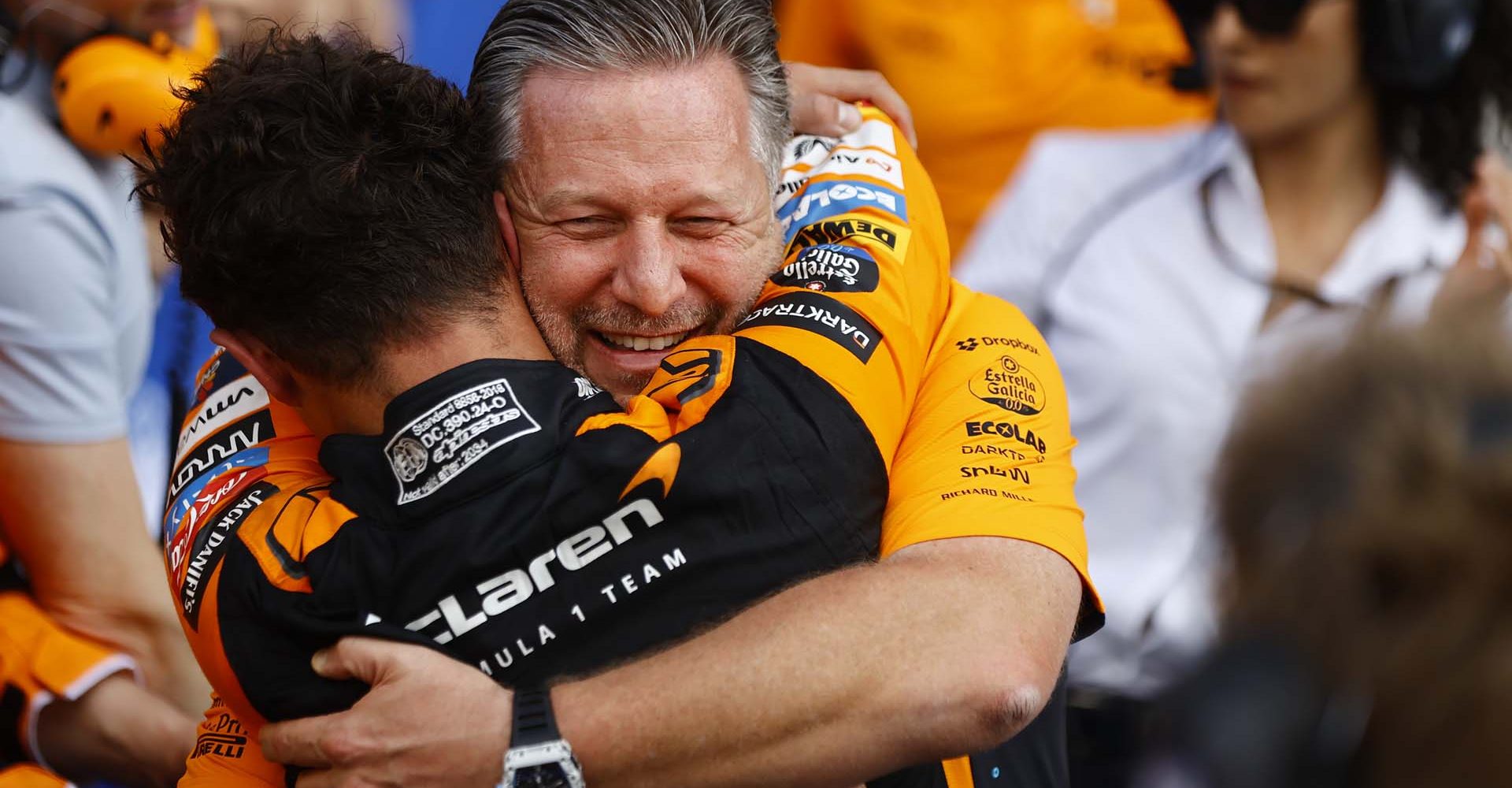 Lando Norris, McLaren F1 Team, 1st position, and Zak Brown, CEO, McLaren Racing, celebrate in Parc Ferme