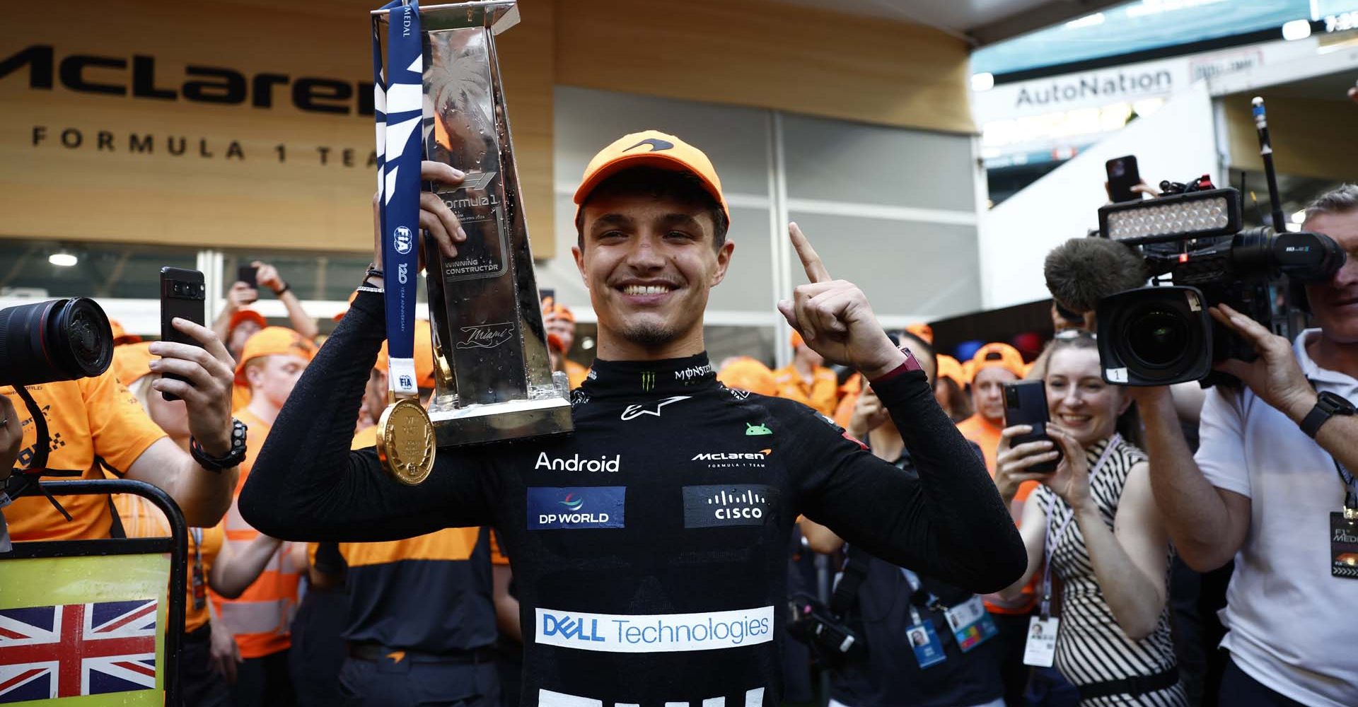 Lando Norris, McLaren F1 Team, 1st position, celebrates with his trophy