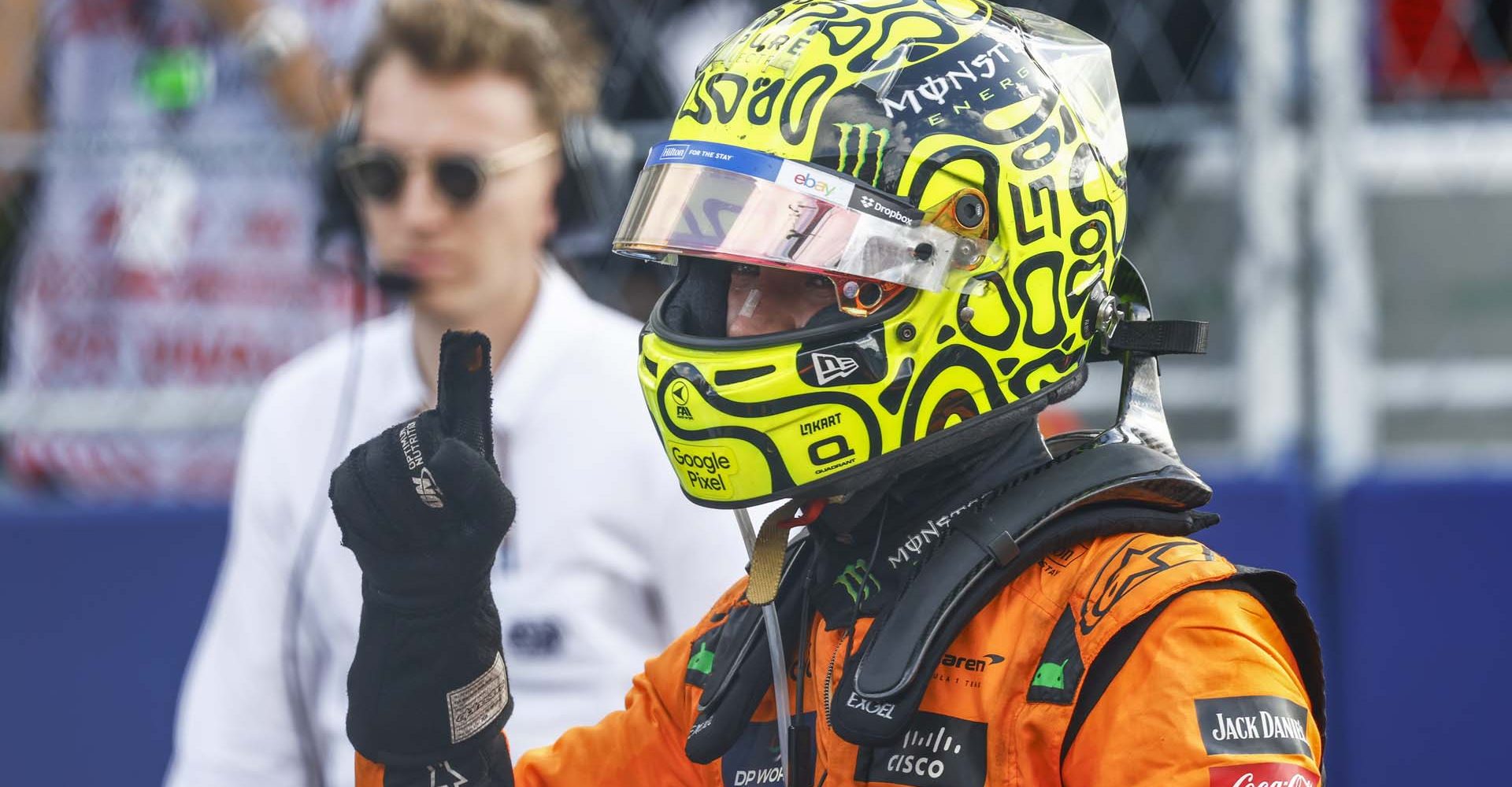 Lando Norris, McLaren F1 Team, 1st position, celebrates on arrival in Parc Ferme