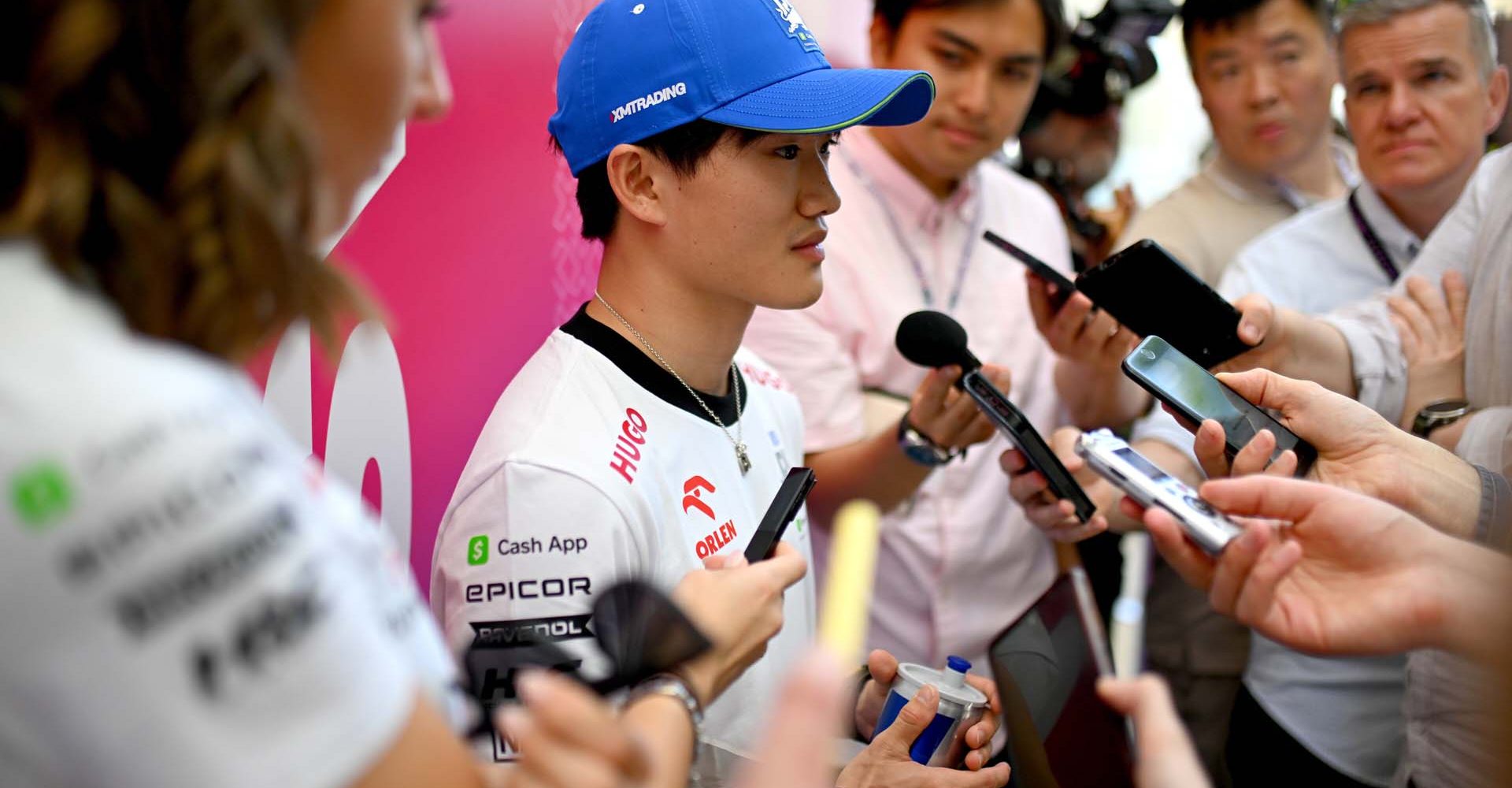 MIAMI, FLORIDA - MAY 02: Yuki Tsunoda of Japan and Visa Cash App RB talks to the media in the Paddock during previews ahead of the F1 Grand Prix of Miami at Miami International Autodrome on May 02, 2024 in Miami, Florida. (Photo by Rudy Carezzevoli/Getty Images) // Getty Images / Red Bull Content Pool // SI202405020575 // Usage for editorial use only //