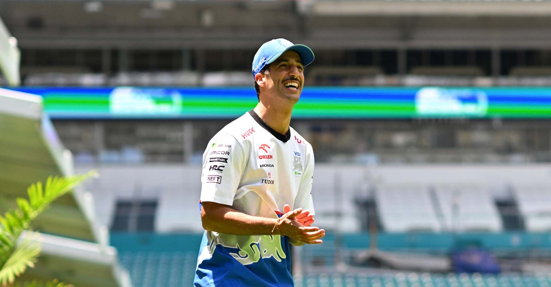 MIAMI, FLORIDA - MAY 02: Daniel Ricciardo of Australia and Visa Cash App RB reacts as he plays football in the Paddock during previews ahead of the F1 Grand Prix of Miami at Miami International Autodrome on May 02, 2024 in Miami, Florida. (Photo by Rudy Carezzevoli/Getty Images) // Getty Images / Red Bull Content Pool // SI202405020673 // Usage for editorial use only //