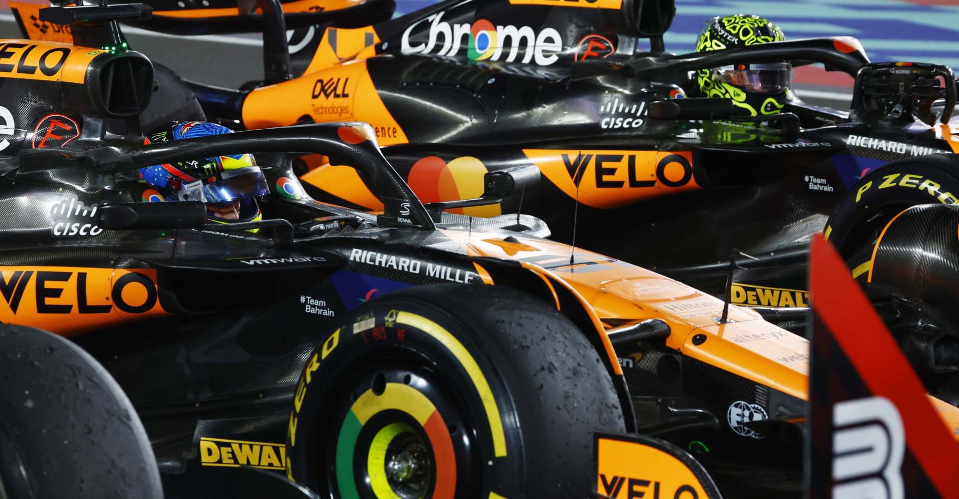 LOSAIL INTERNATIONAL CIRCUIT, QATAR - NOVEMBER 30: Oscar Piastri, McLaren MCL38, 1st position, and Lando Norris, McLaren MCL38, 2nd position, in Parc Ferme during the Qatar GP at Losail International Circuit on Saturday November 30, 2024 in Losail, Qatar. (Photo by Sam Bloxham / LAT Images)