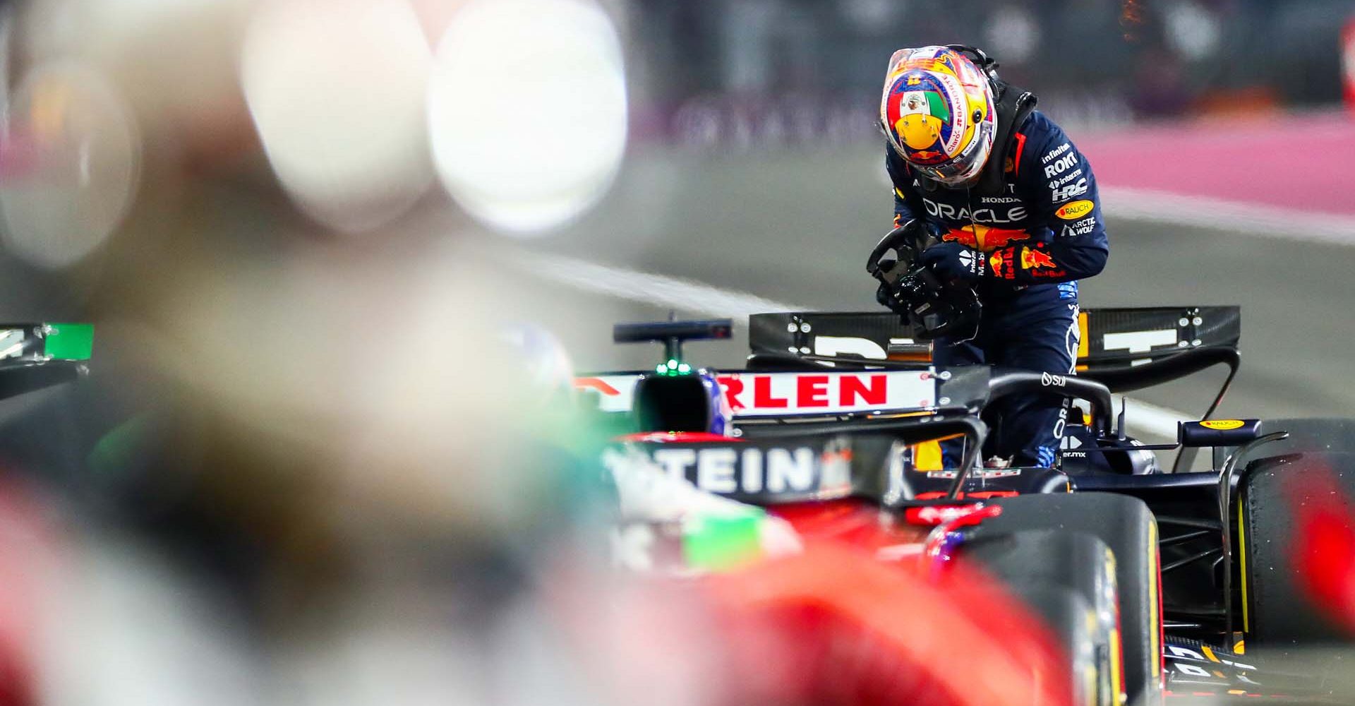 LUSAIL CITY, QATAR - NOVEMBER 30: Sergio Perez of Mexico and Oracle Red Bull Racing in parc ferme during the Sprint ahead of the F1 Grand Prix of Qatar at Lusail International Circuit on November 30, 2024 in Lusail City, Qatar. (Photo by Peter Fox/Getty Images) // Getty Images / Red Bull Content Pool // SI202411300277 // Usage for editorial use only //