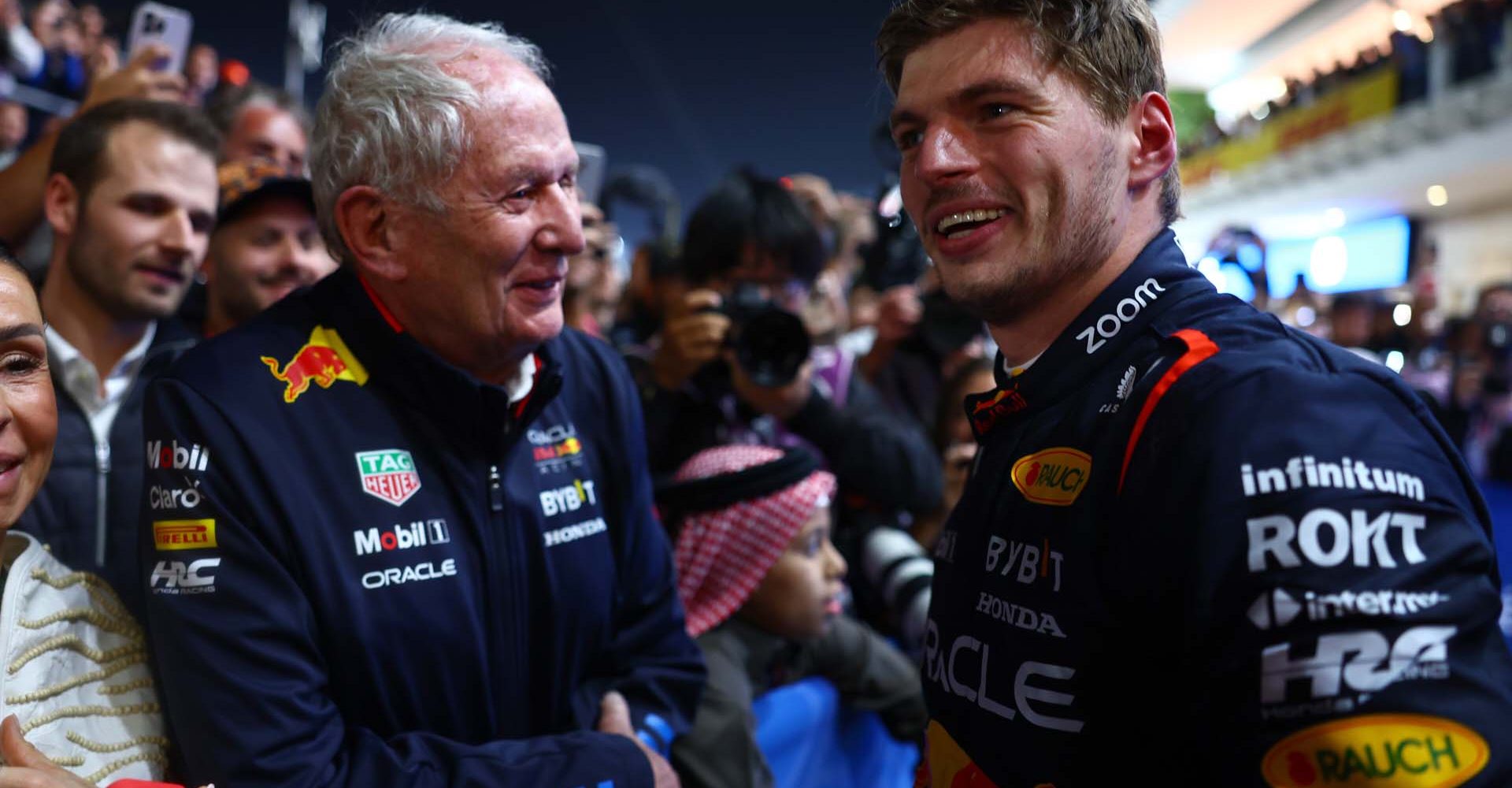 LUSAIL CITY, QATAR - DECEMBER 01: Race winner Max Verstappen of the Netherlands and Oracle Red Bull Racing and Oracle Red Bull Racing Team Consultant Dr Helmut Marko celebrate in parc ferme during the F1 Grand Prix of Qatar at Lusail International Circuit on December 01, 2024 in Lusail City, Qatar. (Photo by Mark Thompson/Getty Images) // Getty Images / Red Bull Content Pool // SI202412010305 // Usage for editorial use only //