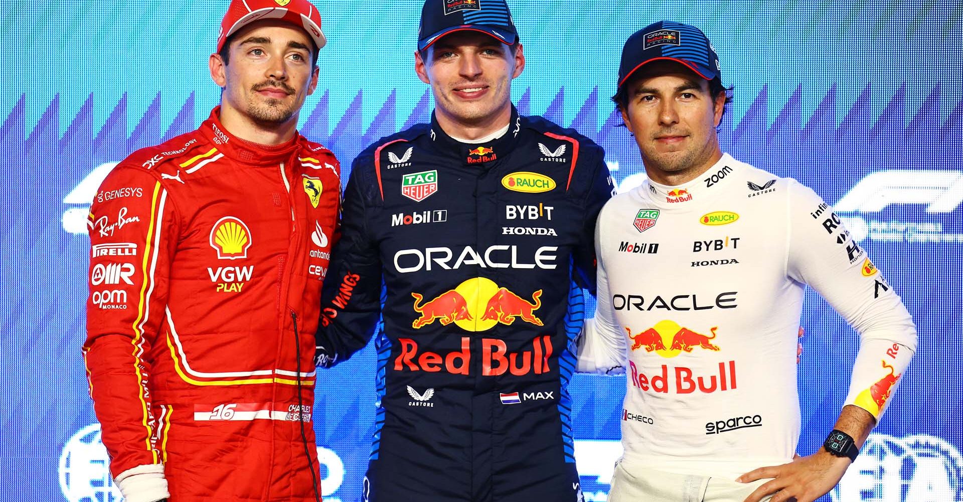 JEDDAH, SAUDI ARABIA - MARCH 08: Pole position qualifier Max Verstappen of the Netherlands and Oracle Red Bull Racing (C), Second placed qualifier Charles Leclerc of Monaco and Ferrari (L) and Third placed qualifier Sergio Perez of Mexico and Oracle Red Bull Racing (R) pose for a photo in parc ferme  during qualifying ahead of the F1 Grand Prix of Saudi Arabia at Jeddah Corniche Circuit on March 08, 2024 in Jeddah, Saudi Arabia. (Photo by Mark Thompson/Getty Images) // Getty Images / Red Bull Content Pool // SI202403080502 // Usage for editorial use only //