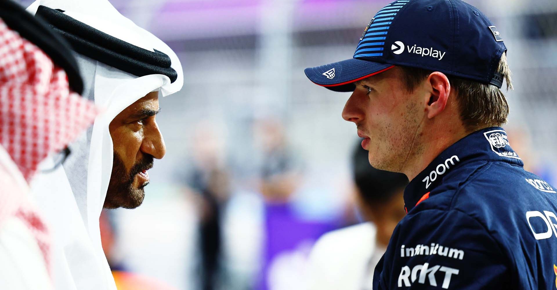 JEDDAH, SAUDI ARABIA - MARCH 08: Pole position qualifier Max Verstappen of the Netherlands and Oracle Red Bull Racing talks with Mohammed ben Sulayem, FIA President, in parc ferme during qualifying ahead of the F1 Grand Prix of Saudi Arabia at Jeddah Corniche Circuit on March 08, 2024 in Jeddah, Saudi Arabia. (Photo by Mark Thompson/Getty Images) // Getty Images / Red Bull Content Pool // SI202403080534 // Usage for editorial use only //