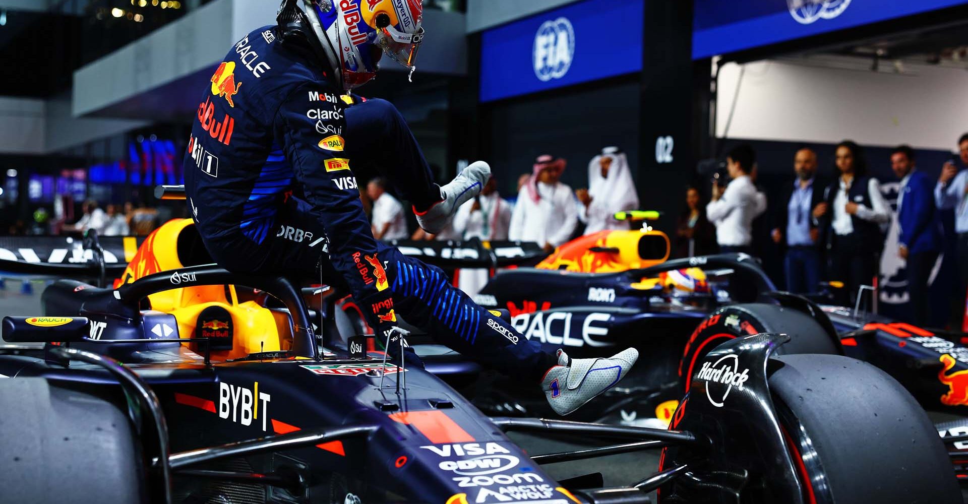 JEDDAH, SAUDI ARABIA - MARCH 08: Pole position qualifier Max Verstappen of the Netherlands driving the (1) Oracle Red Bull Racing RB20 stops in parc ferme during qualifying ahead of the F1 Grand Prix of Saudi Arabia at Jeddah Corniche Circuit on March 08, 2024 in Jeddah, Saudi Arabia. (Photo by Mark Thompson/Getty Images) // Getty Images / Red Bull Content Pool // SI202403080536 // Usage for editorial use only //