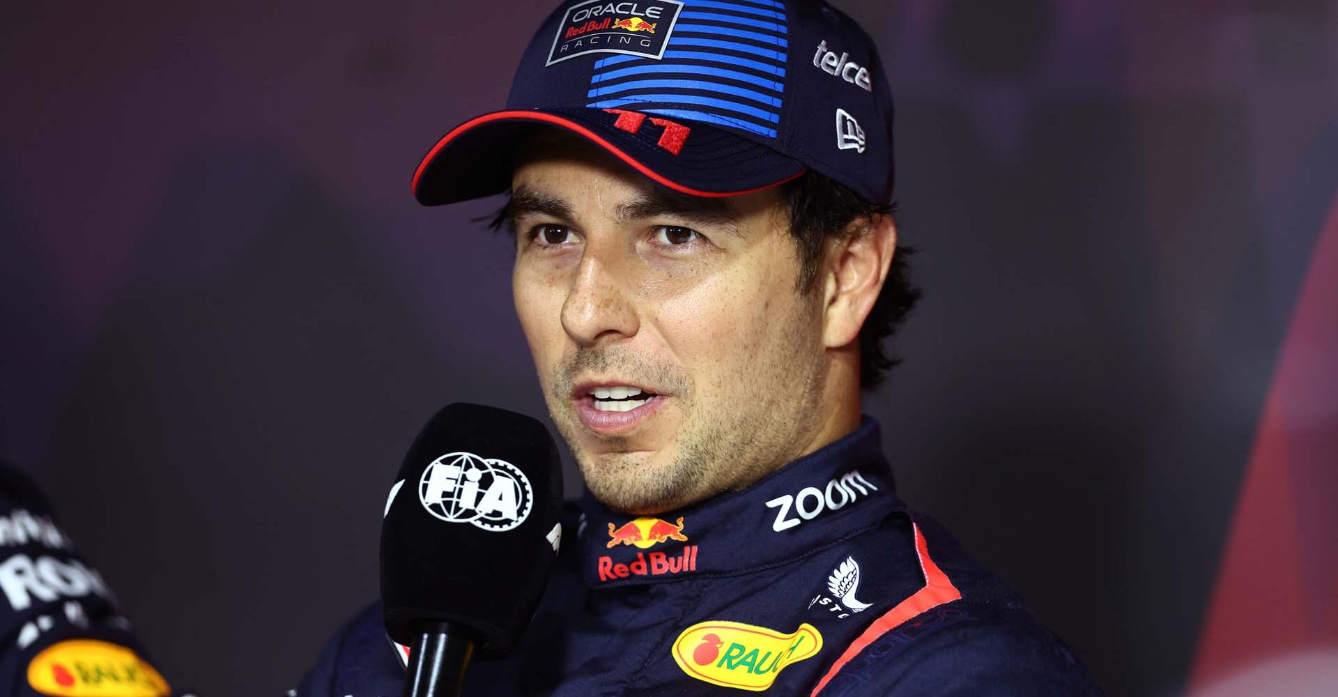 JEDDAH, SAUDI ARABIA - MARCH 08: Third placed qualifier Sergio Perez of Mexico and Oracle Red Bull Racing talks in a press conference after qualifying ahead of the F1 Grand Prix of Saudi Arabia at Jeddah Corniche Circuit on March 08, 2024 in Jeddah, Saudi Arabia. (Photo by Bryn Lennon/Getty Images) // Getty Images / Red Bull Content Pool // SI202403080677 // Usage for editorial use only //