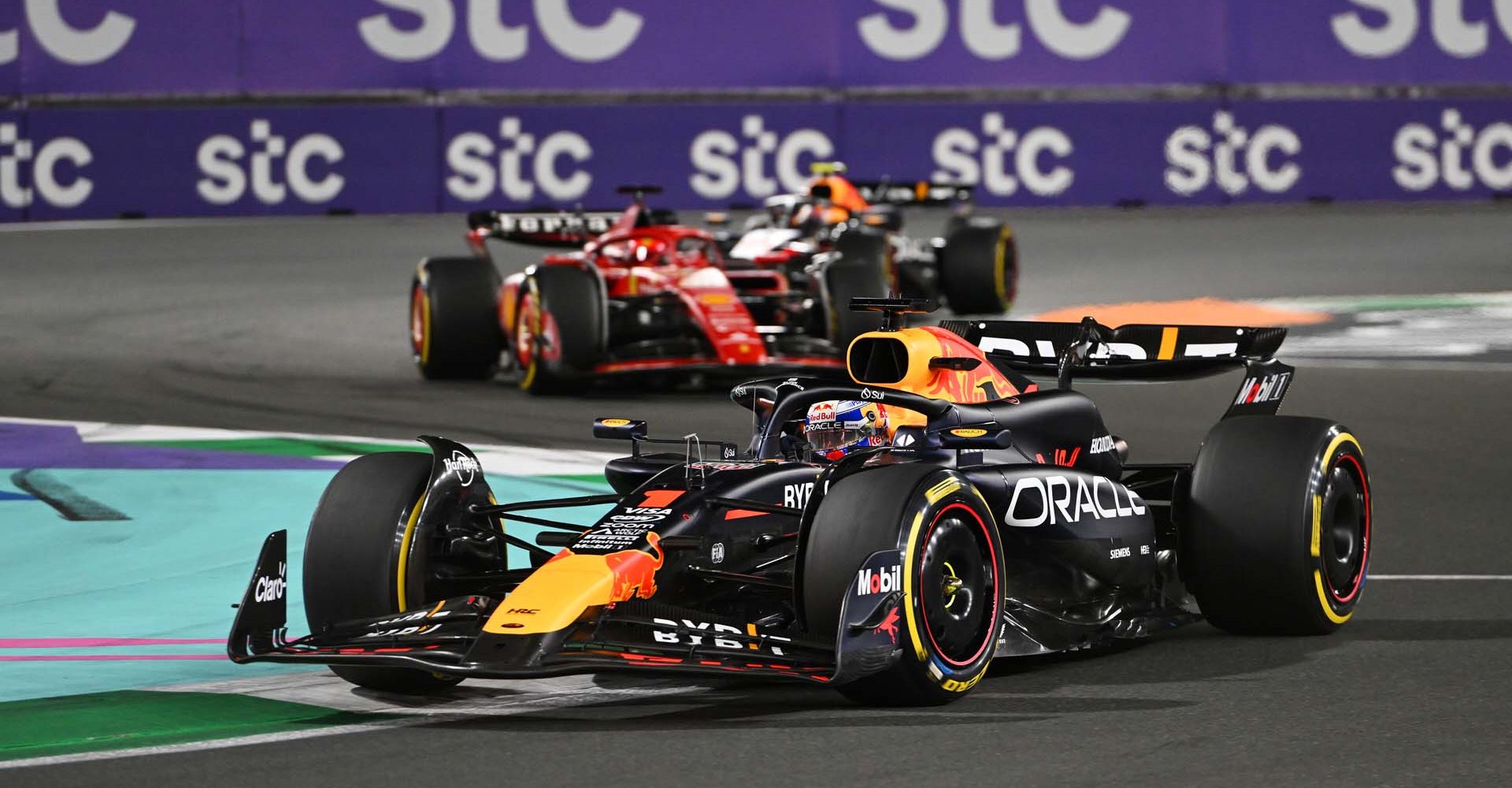 JEDDAH, SAUDI ARABIA - MARCH 09: Max Verstappen of the Netherlands driving the (1) Oracle Red Bull Racing RB20 leads Charles Leclerc of Monaco driving the (16) Ferrari SF-24 during the F1 Grand Prix of Saudi Arabia at Jeddah Corniche Circuit on March 09, 2024 in Jeddah, Saudi Arabia. (Photo by Rudy Carezzevoli/Getty Images) // Getty Images / Red Bull Content Pool // SI202403090268 // Usage for editorial use only //